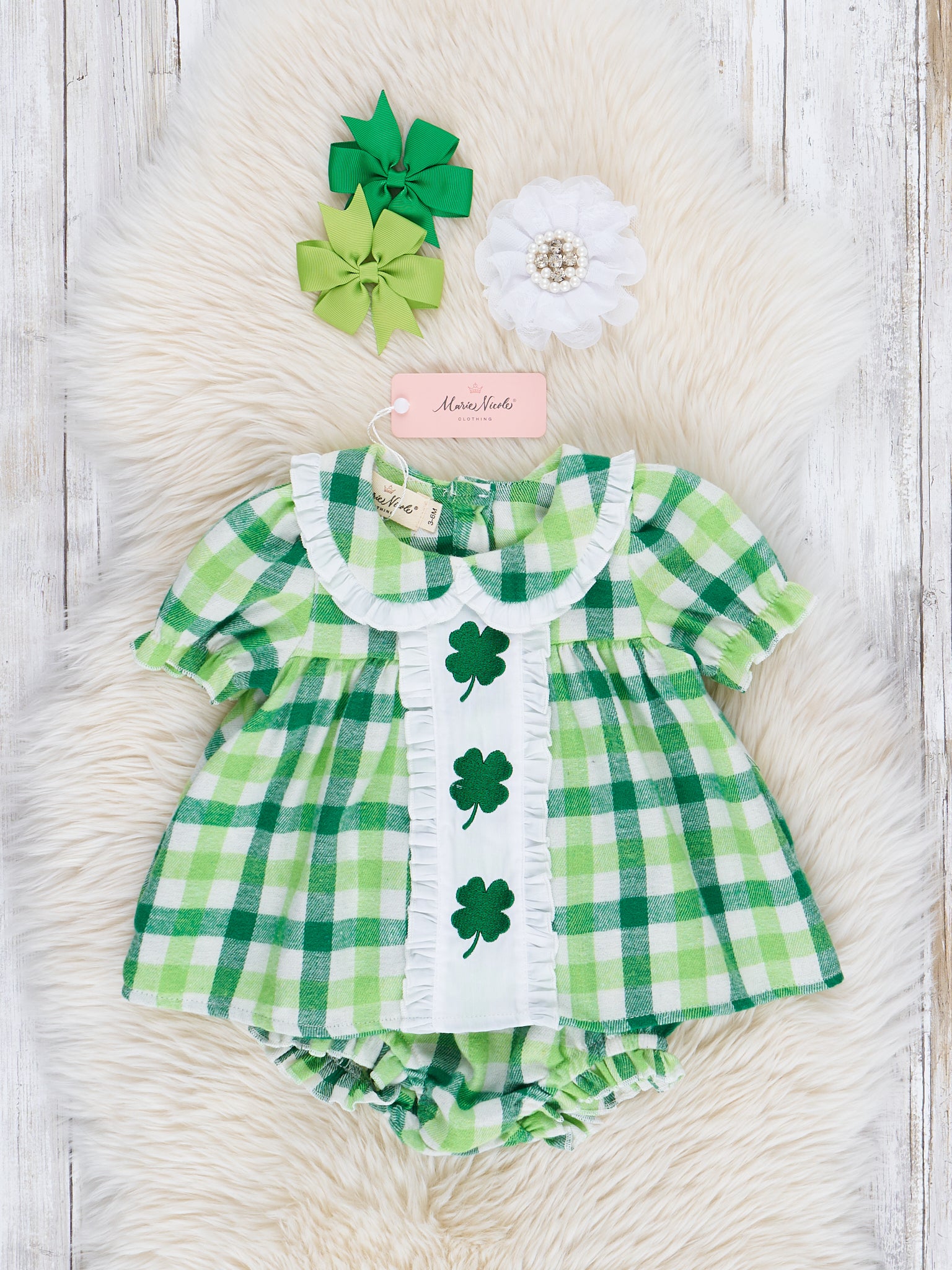Green Plaid Embroidered Shamrocks Bloomers Outfit - Marie Nicole Clothing