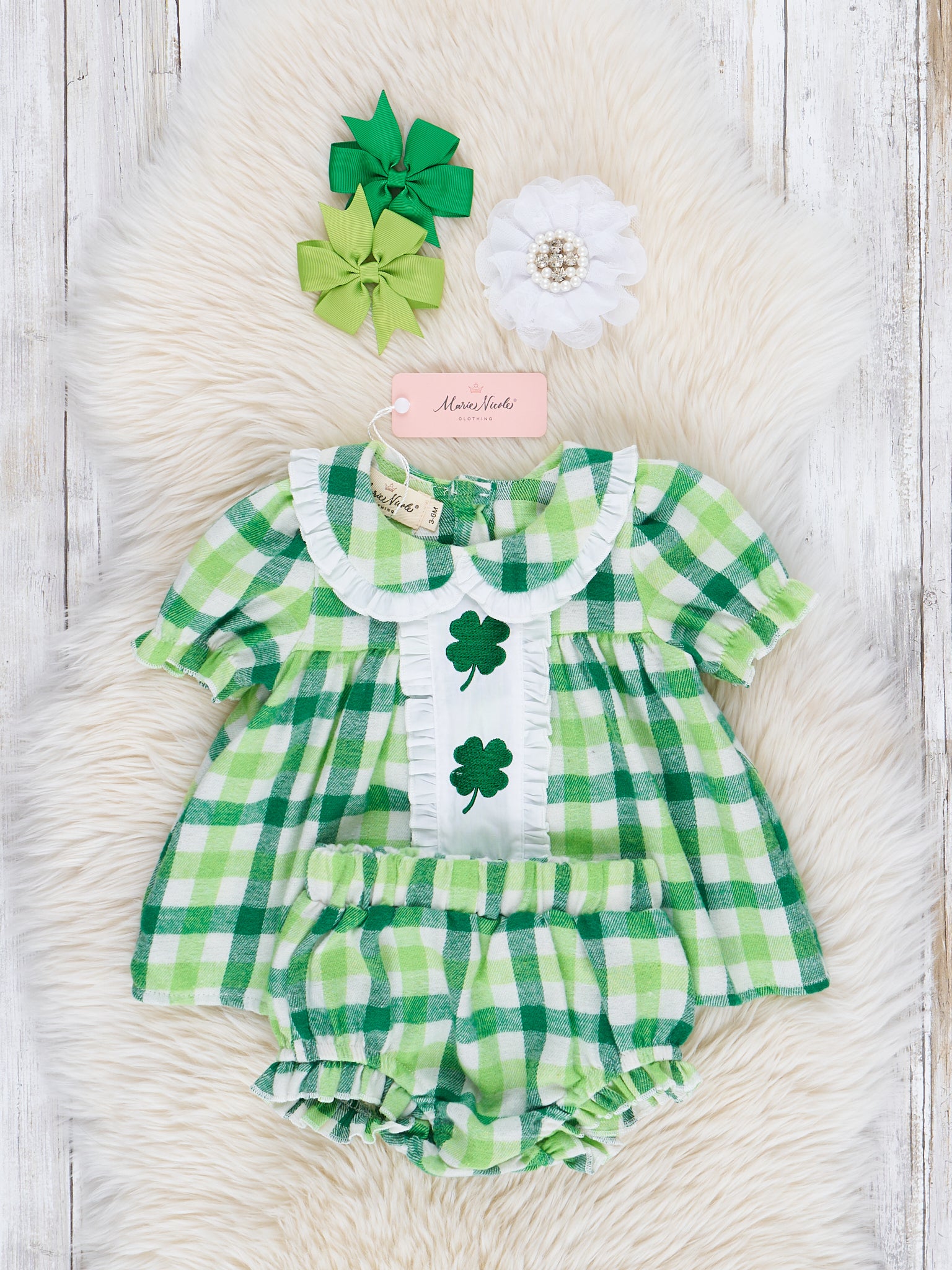 Green Plaid Embroidered Shamrocks Bloomers Outfit - Marie Nicole Clothing