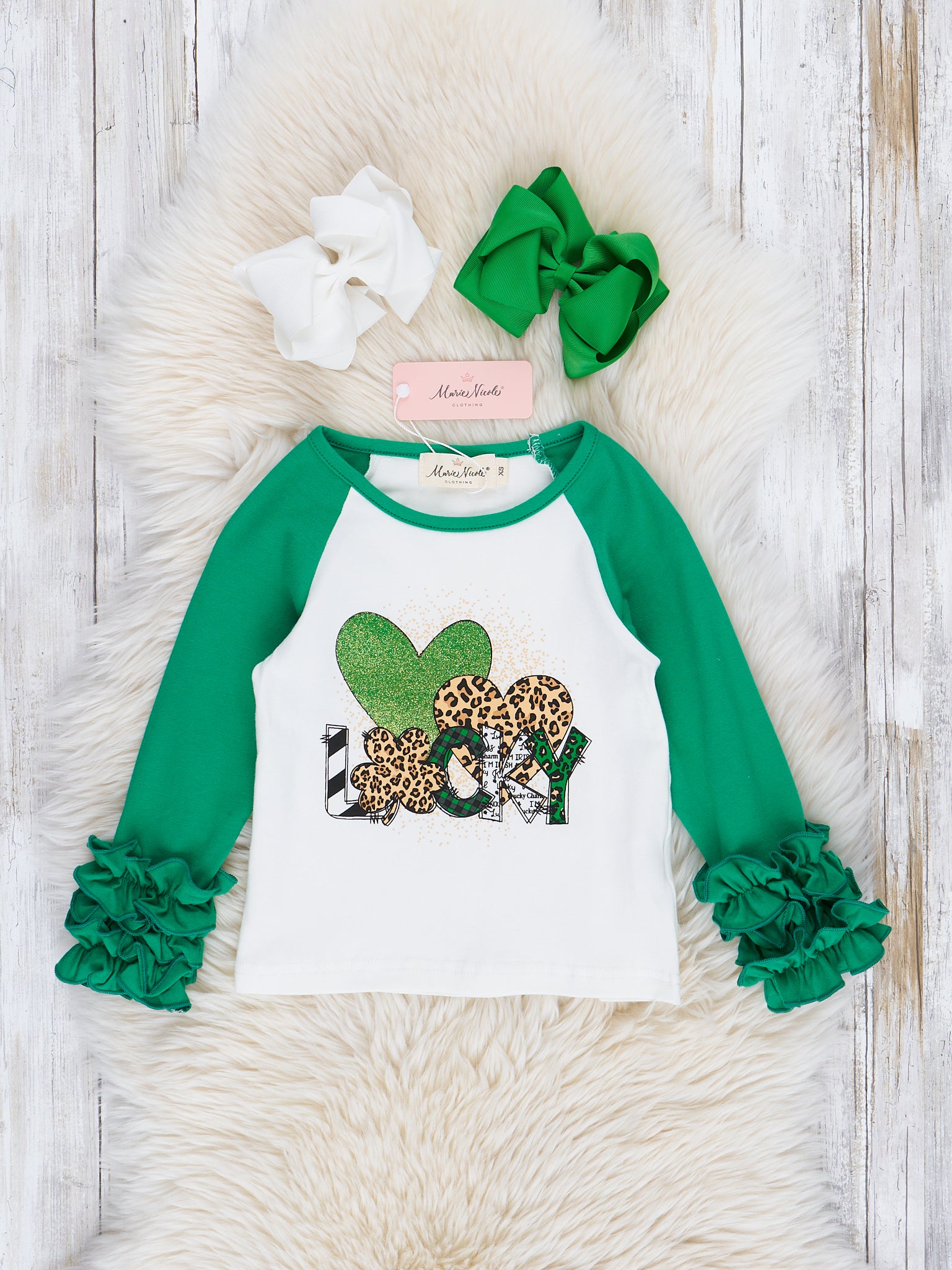 Emerald & White "Lucky" Icing Ruffle Shirt - Marie Nicole Clothing