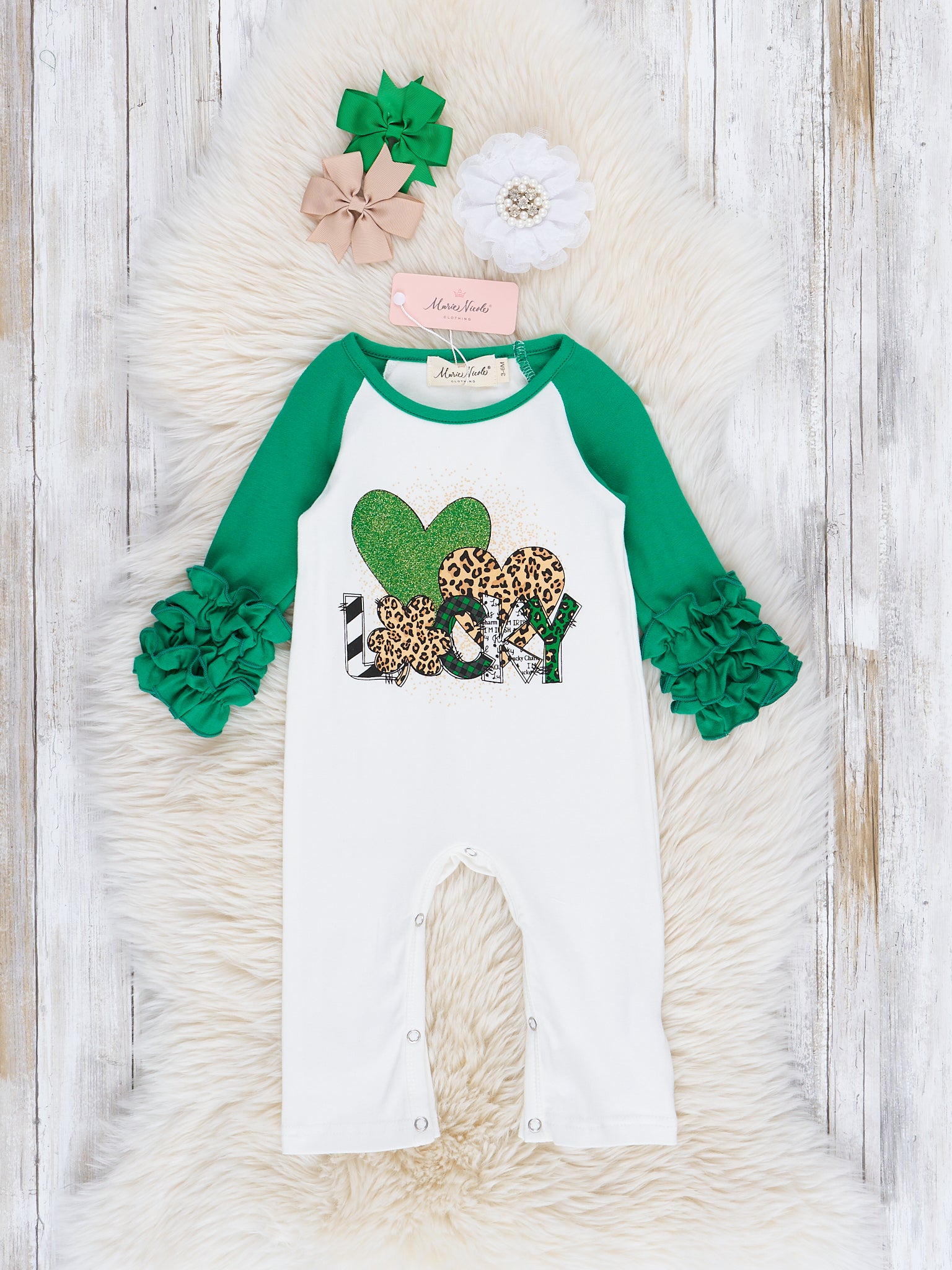 Emerald & White "Lucky" Icing Ruffle Romper - Marie Nicole Clothing