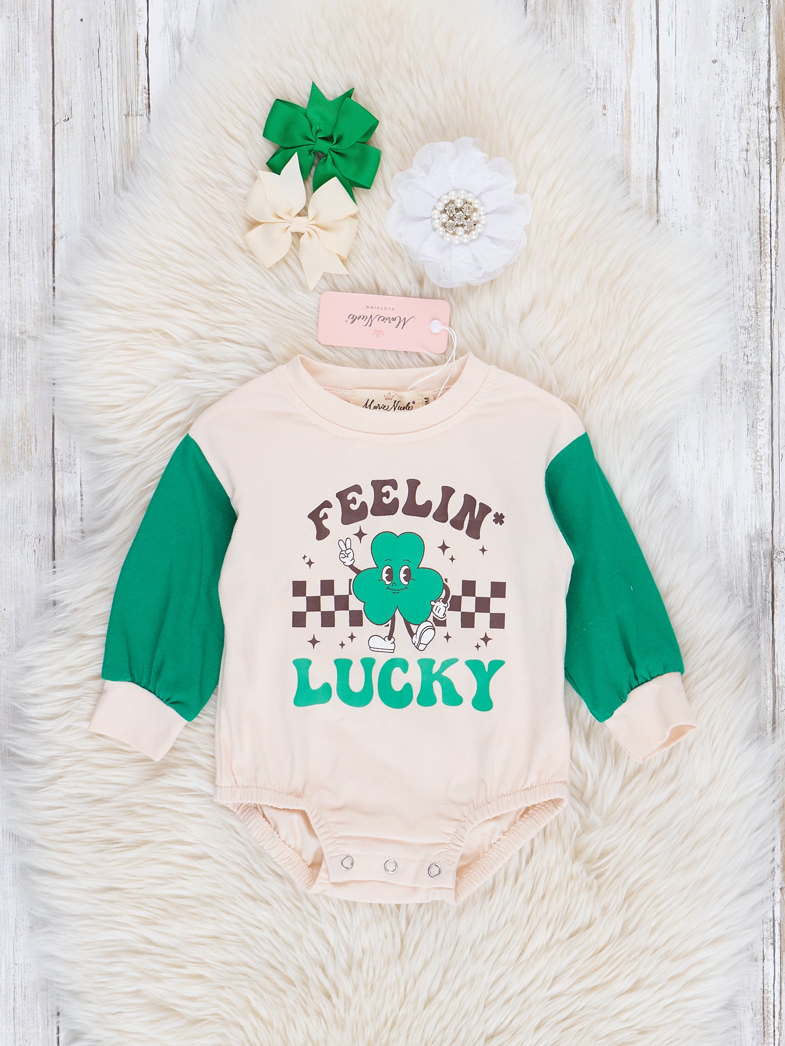 Tan & Green "Feelin' Lucky" Raglan Romper - Marie Nicole Clothing