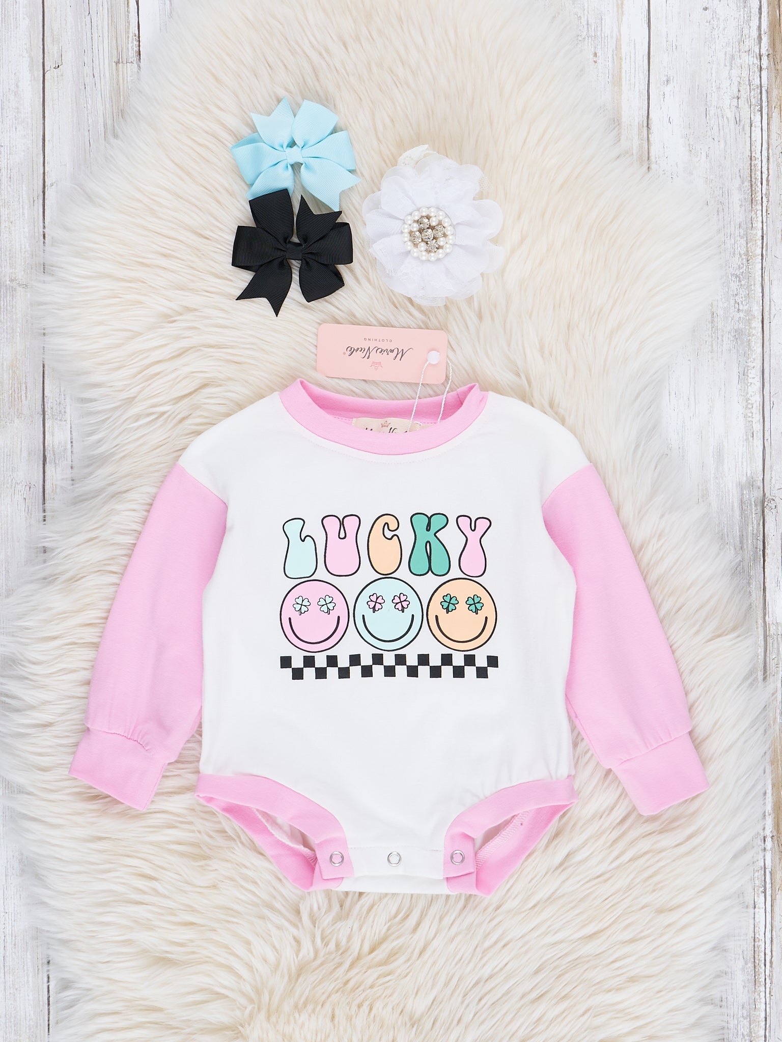 Pink Raglan "Lucky" Romper - Marie Nicole Clothing
