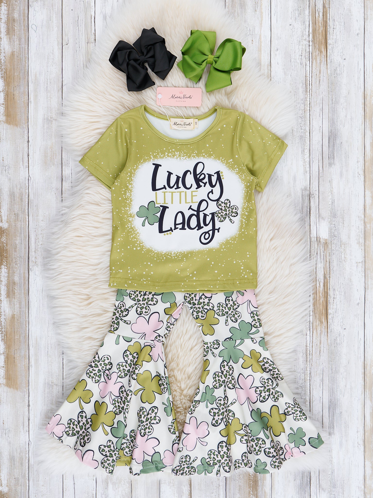 Lucky Pink & Green Clovers Bell Bottom Outfit - Marie Nicole Clothing