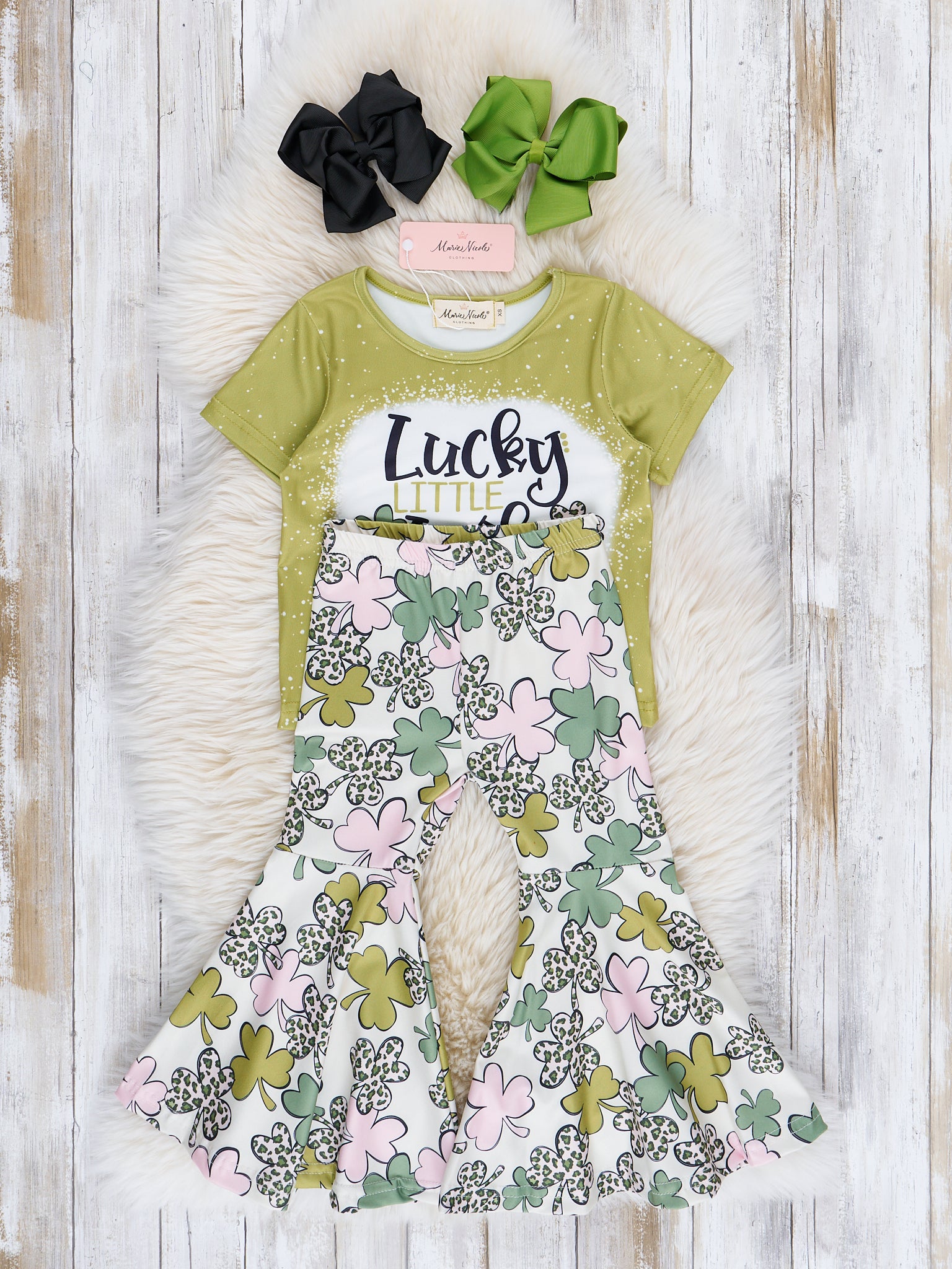 Lucky Pink & Green Clovers Bell Bottom Outfit - Marie Nicole Clothing