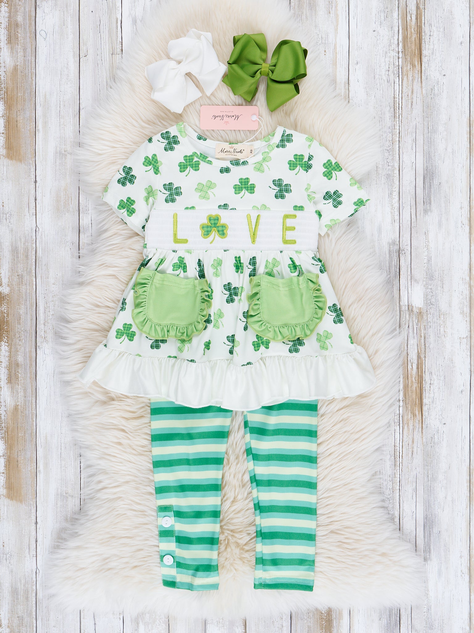 Green & White Smocked Shamrock Love Outfit - Marie Nicole Clothing