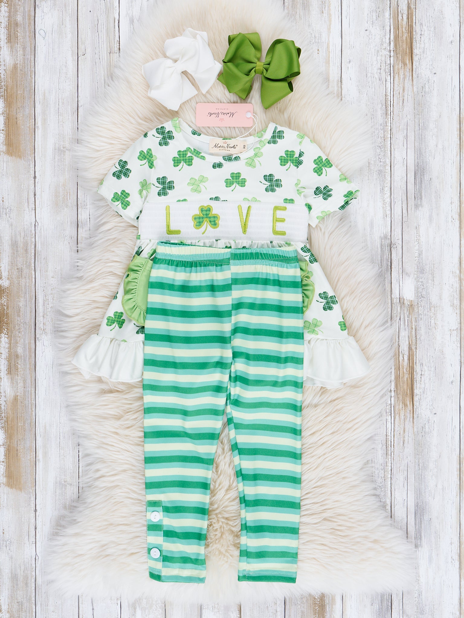Green & White Smocked Shamrock Love Outfit - Marie Nicole Clothing