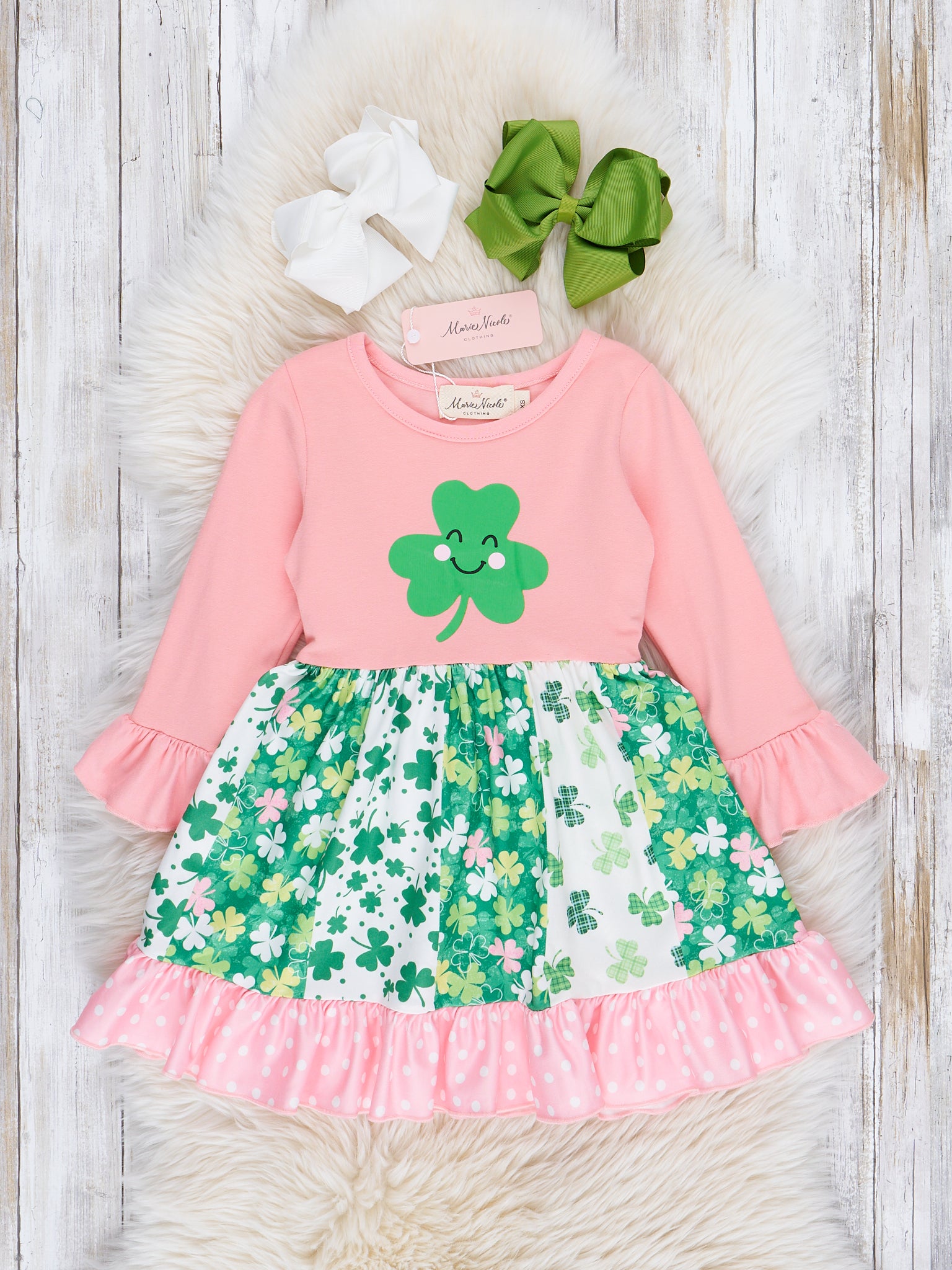 Pink Lucky Clovers Ruffle Dress - Marie Nicole Clothing