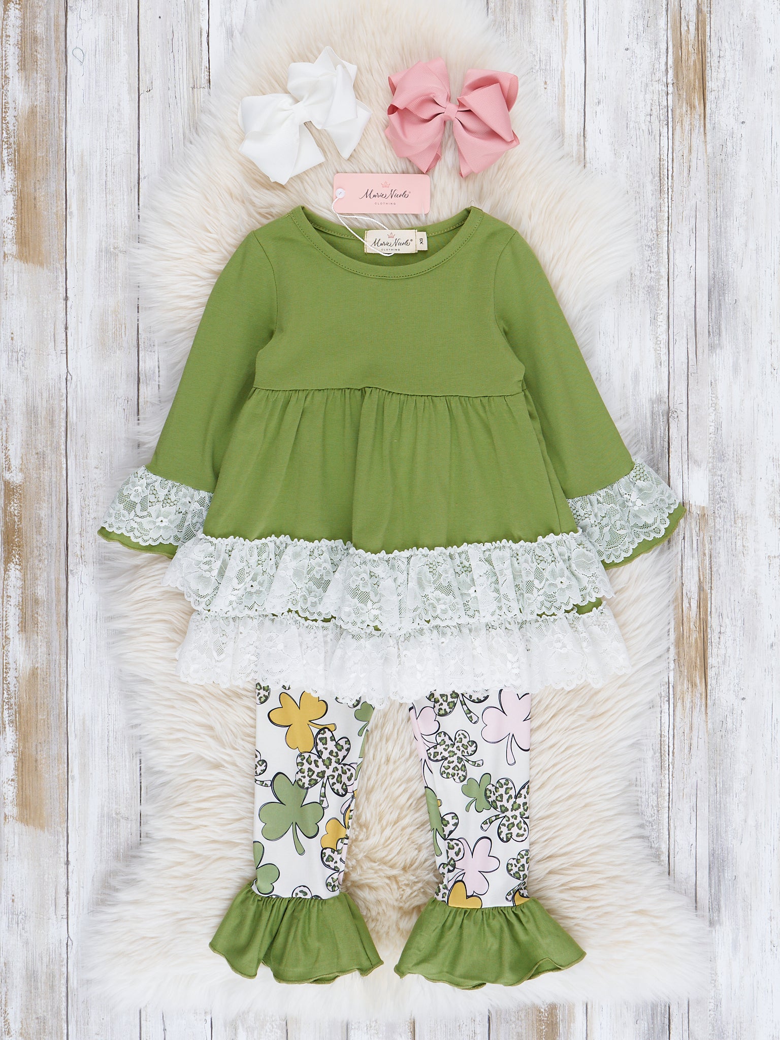 Lucky Pink & Green Clovers Lacy Ruffle Outfit - Marie Nicole Clothing