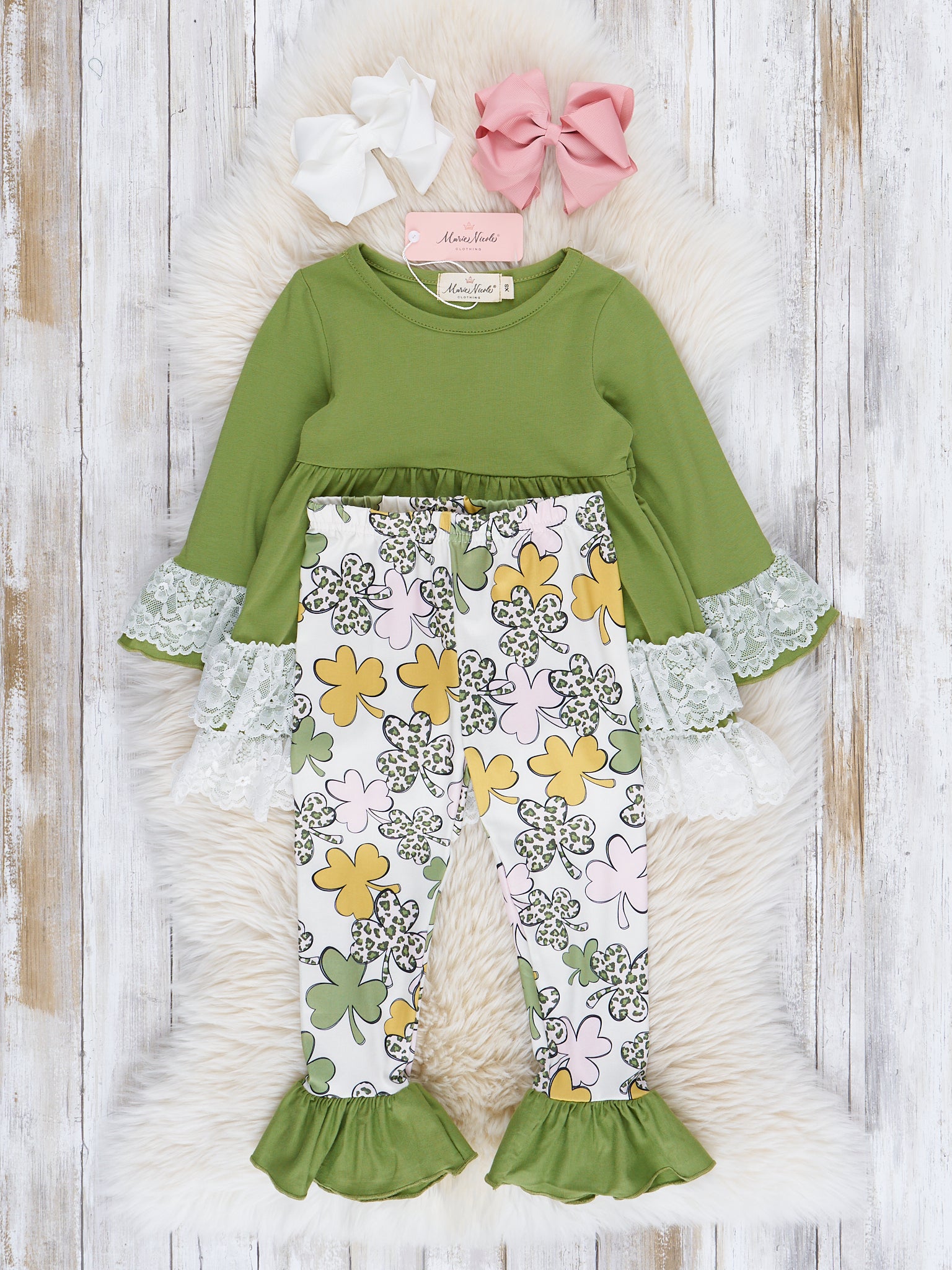 Lucky Pink & Green Clovers Lacy Ruffle Outfit - Marie Nicole Clothing