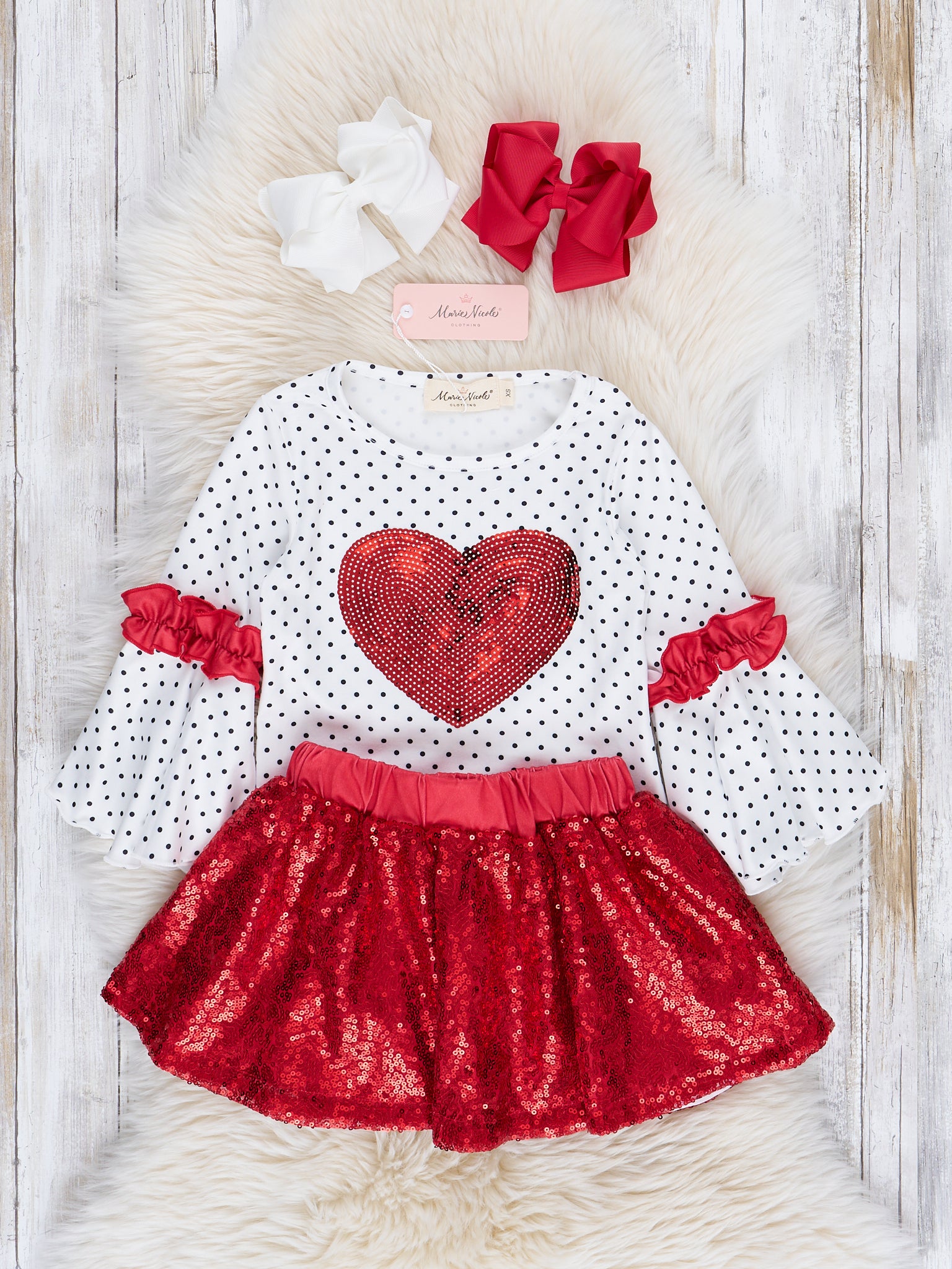 Red Sequin Hearts Outfit w/ Skirt - Marie Nicole Clothing