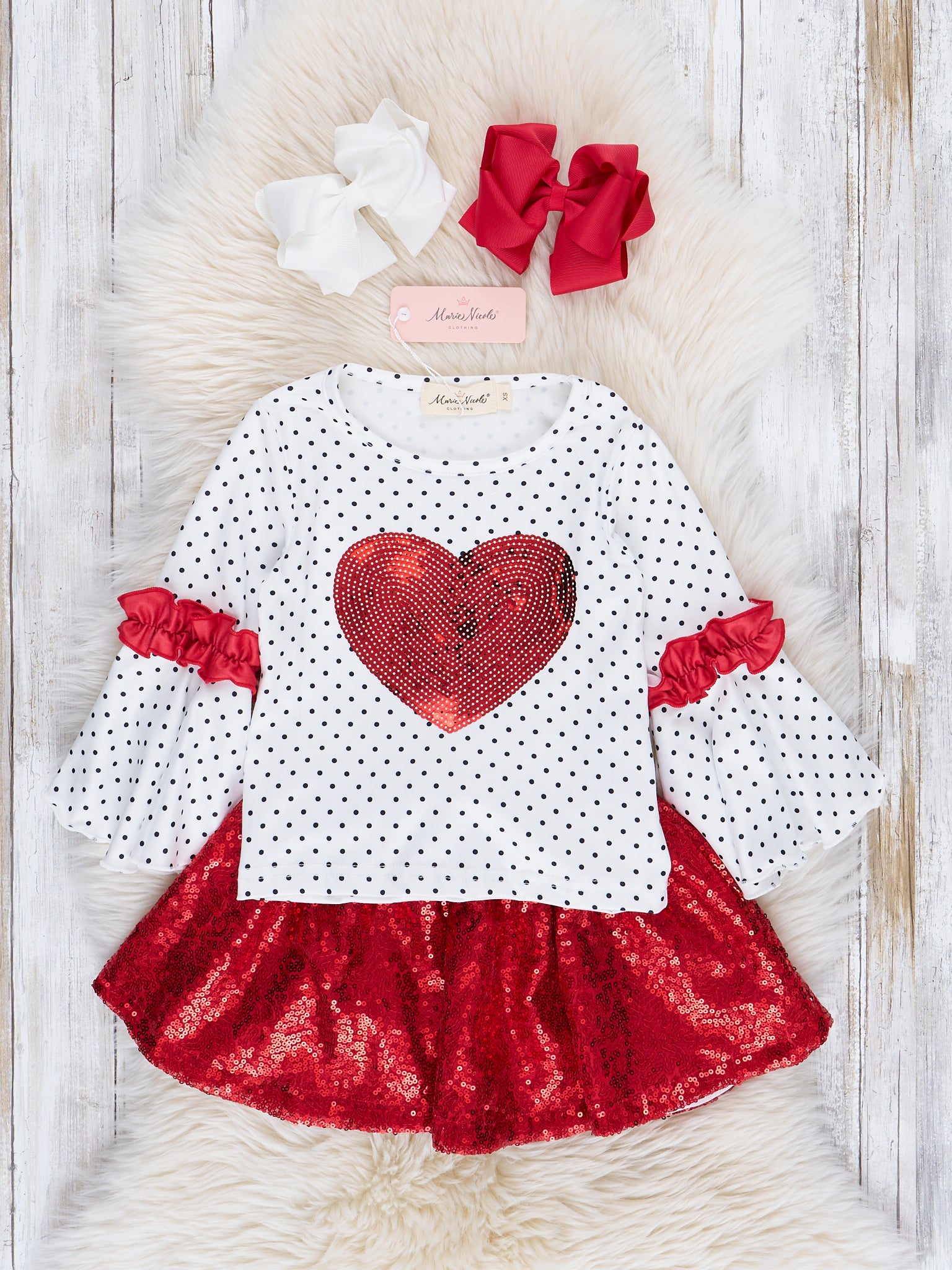 Red Sequin Hearts Outfit w/ Skirt - Marie Nicole Clothing