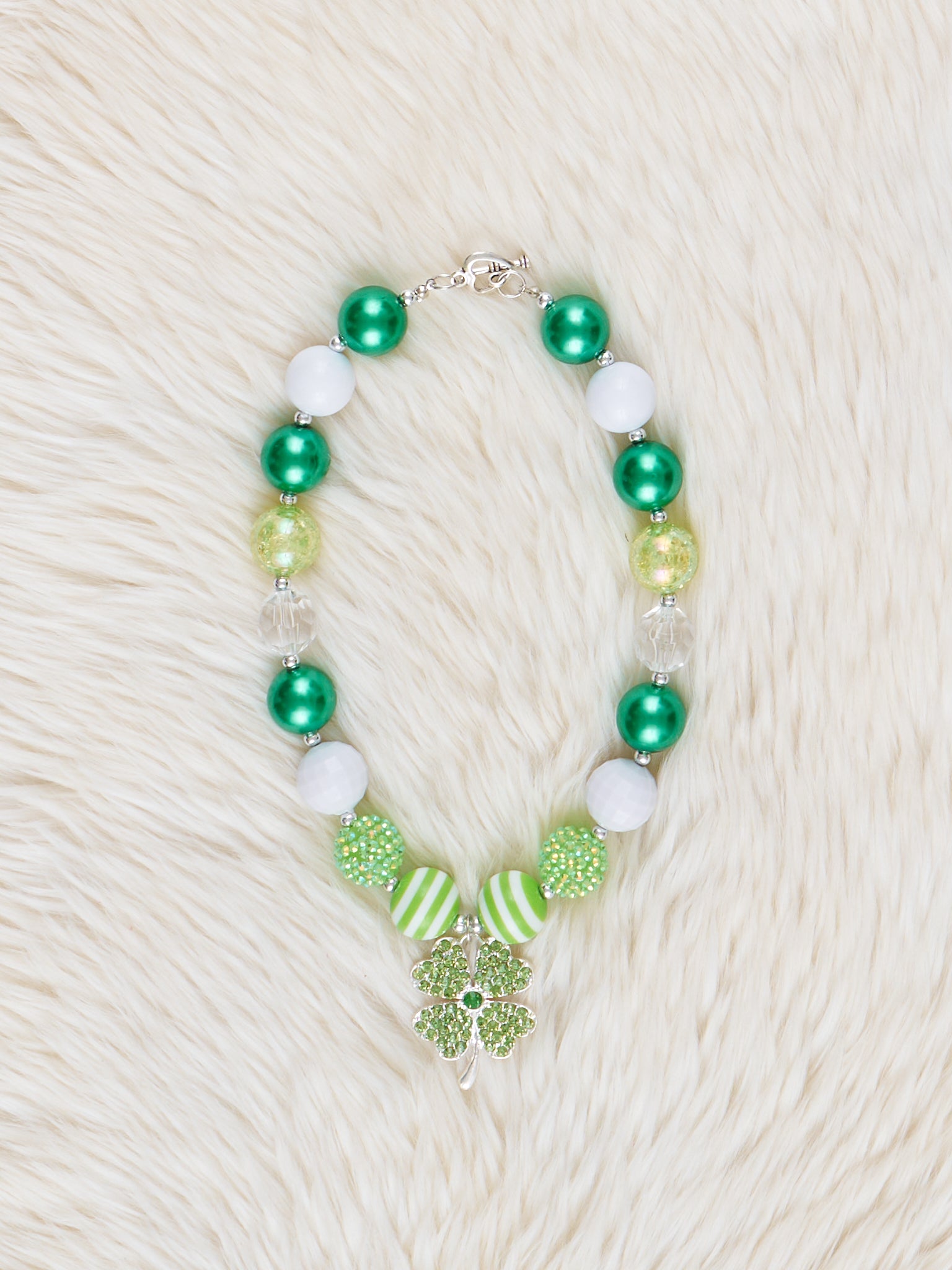 Green & White Shamrock Charm Bubblegum Necklace - Marie Nicole Clothing
