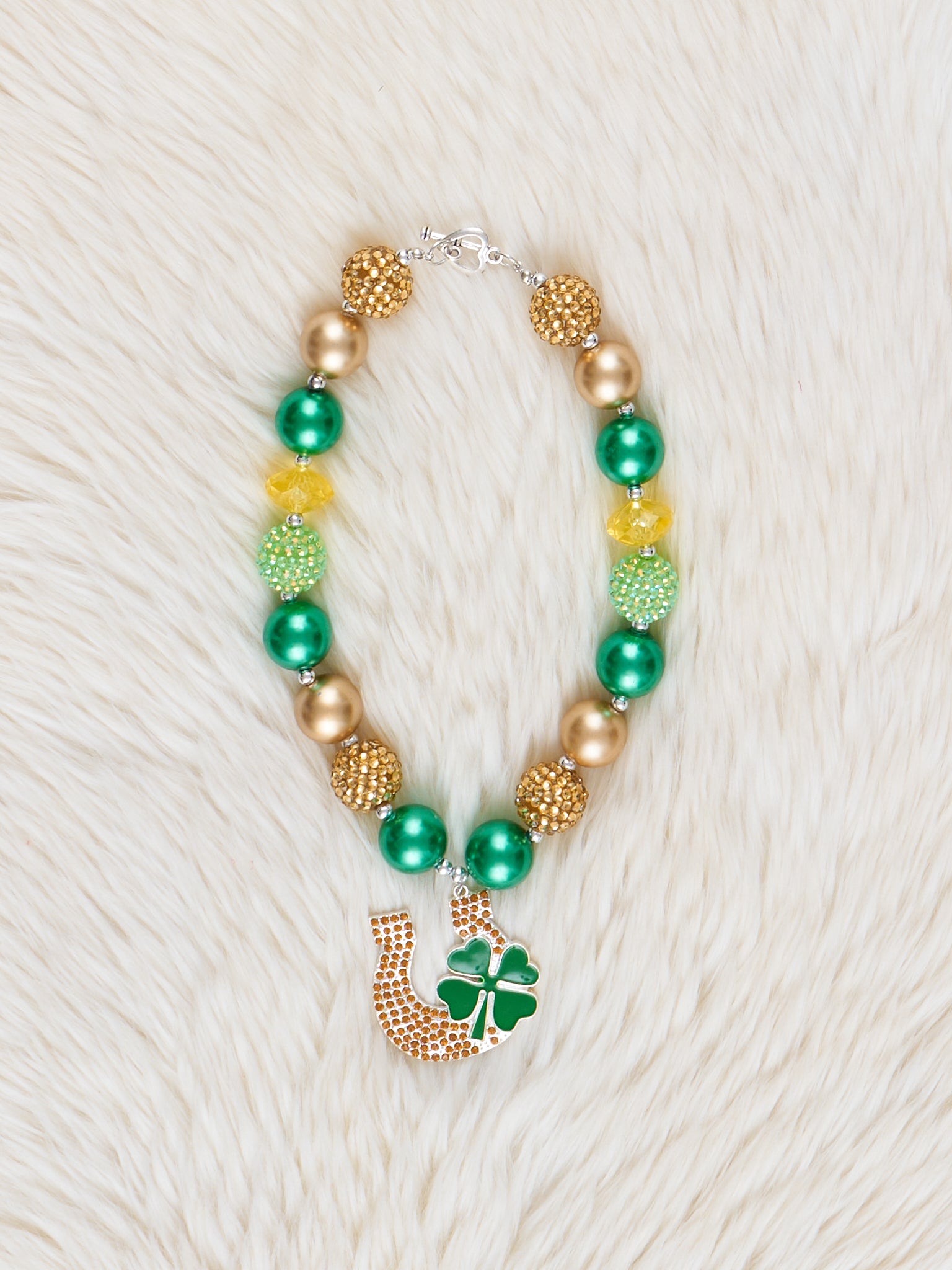 Green & Gold Lucky Shamrock Charm Bubblegum Necklace - Marie Nicole Clothing