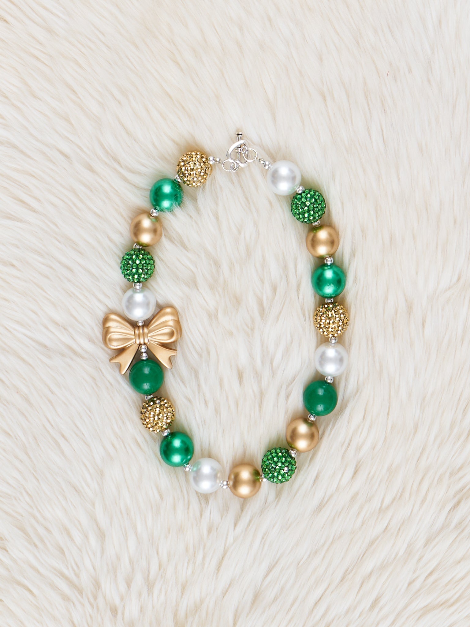 Emerald & Gold Bow Charm Bubblegum Necklace - Marie Nicole Clothing