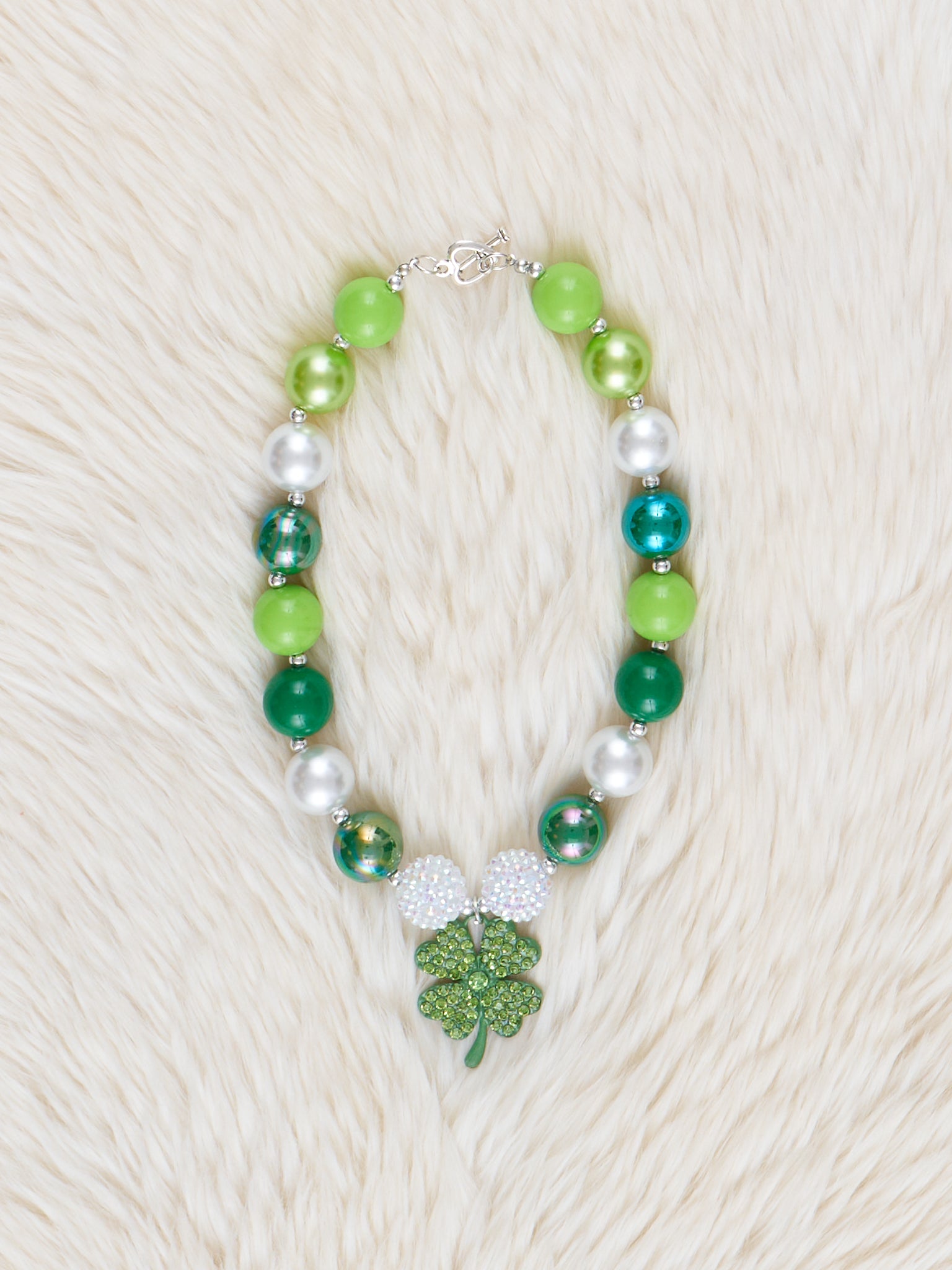 Green & Silver Sparkle Shamrock Charm Bubblegum Necklace - Marie Nicole Clothing