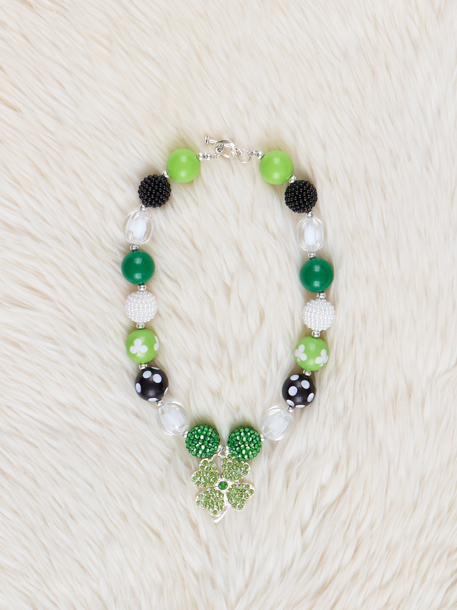 Green & Black Shamrock Charm Bubblegum Necklace - Marie Nicole Clothing