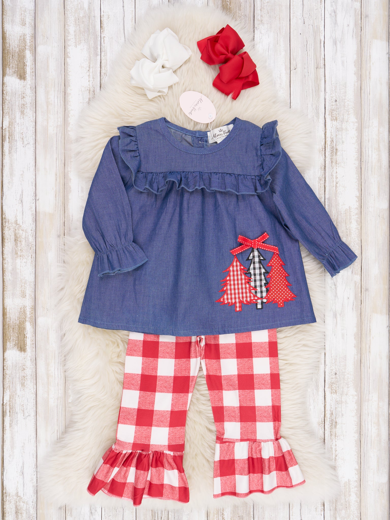 Red Gingham Chambray Christmas Tree Ruffle Outfit - Marie Nicole Clothing