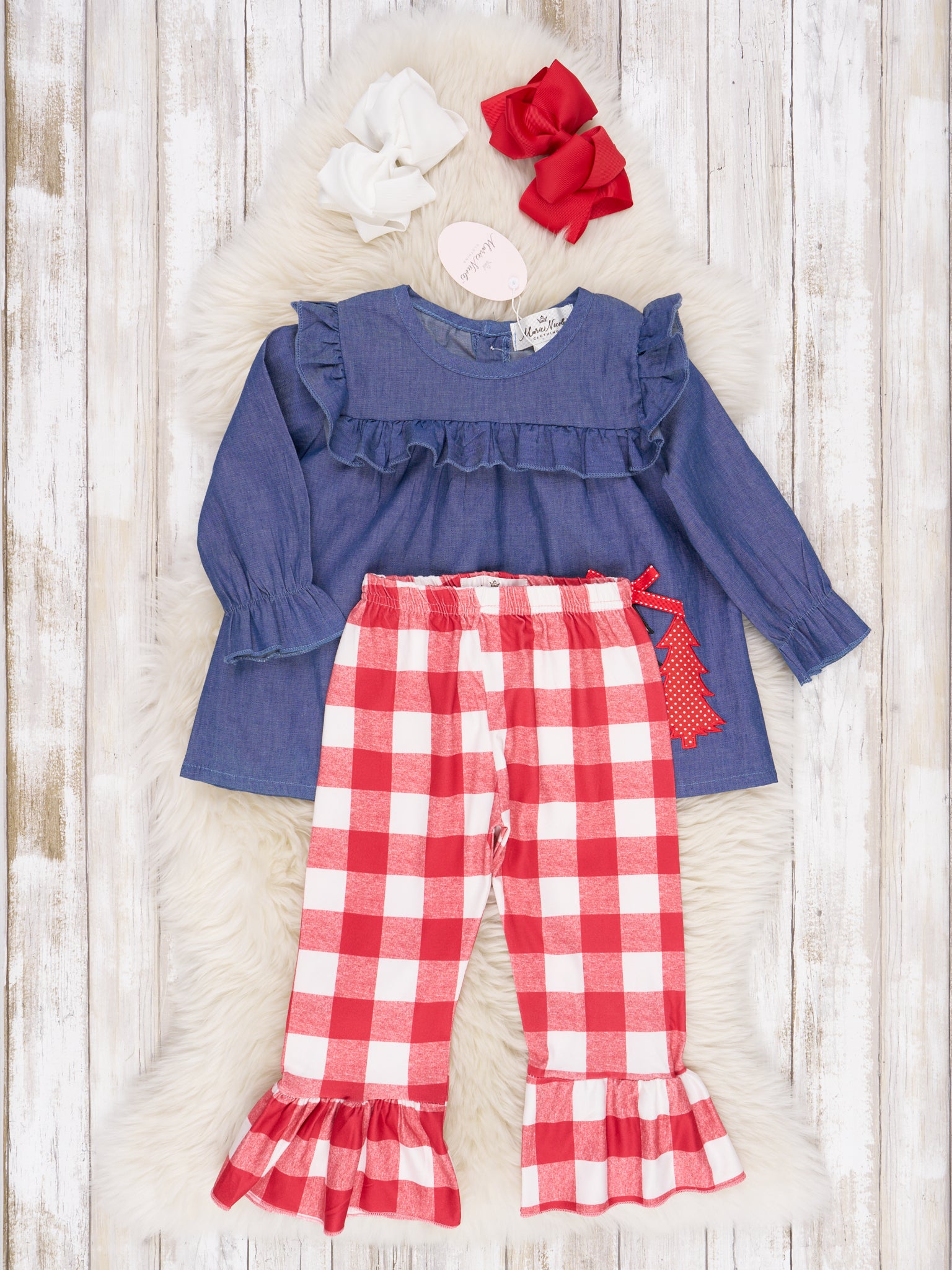 Red Gingham Chambray Christmas Tree Ruffle Outfit - Marie Nicole Clothing