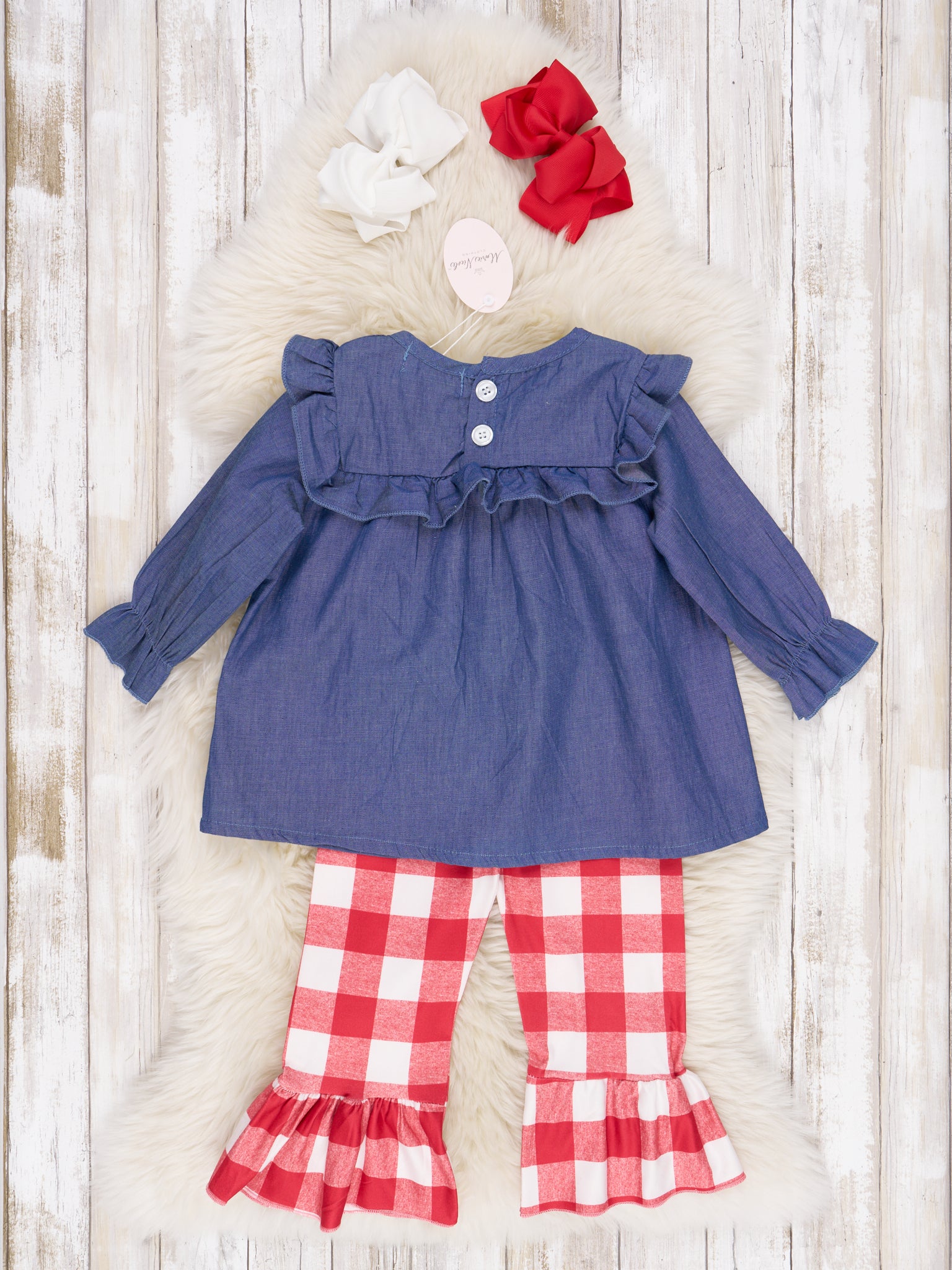 Red Gingham Chambray Christmas Tree Ruffle Outfit - Marie Nicole Clothing