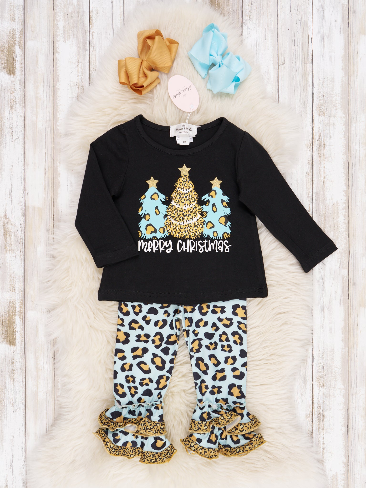 Blue Leopard Christmas Ruffle Outfit - Marie Nicole Clothing