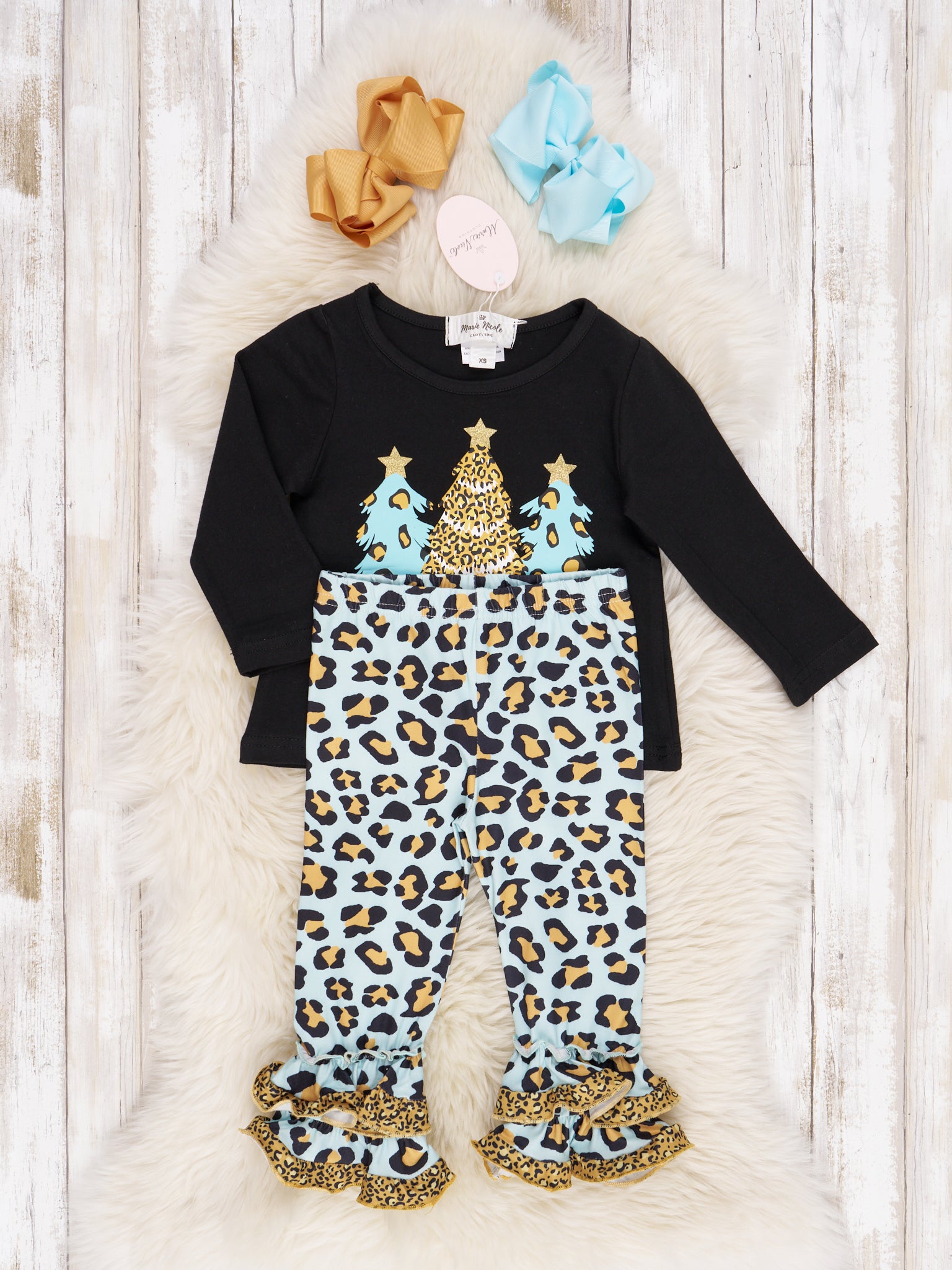 Blue Leopard Christmas Ruffle Outfit - Marie Nicole Clothing