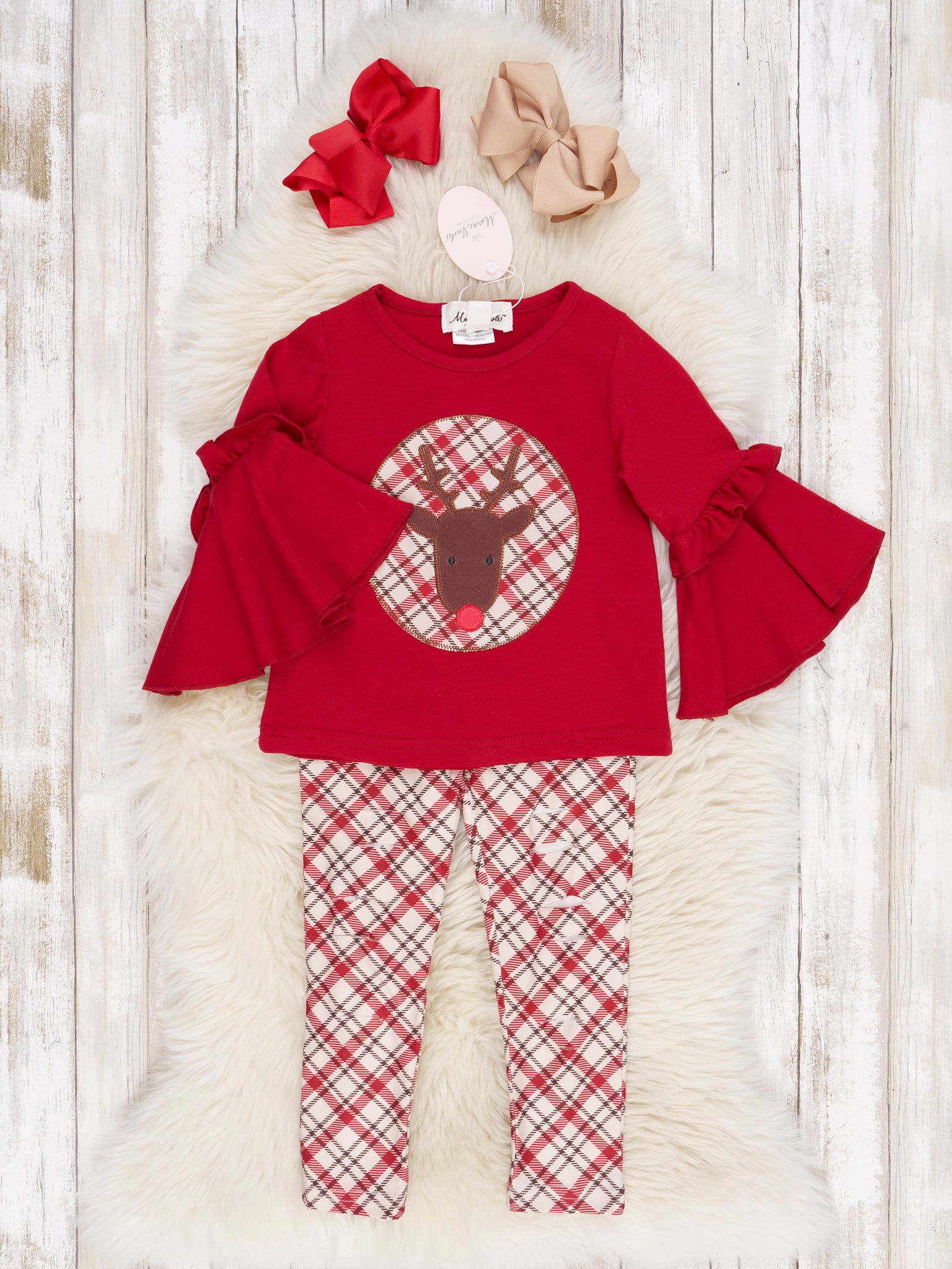 Red Plaid Reindeer Bell Sleeve Outfit - Marie Nicole Clothing