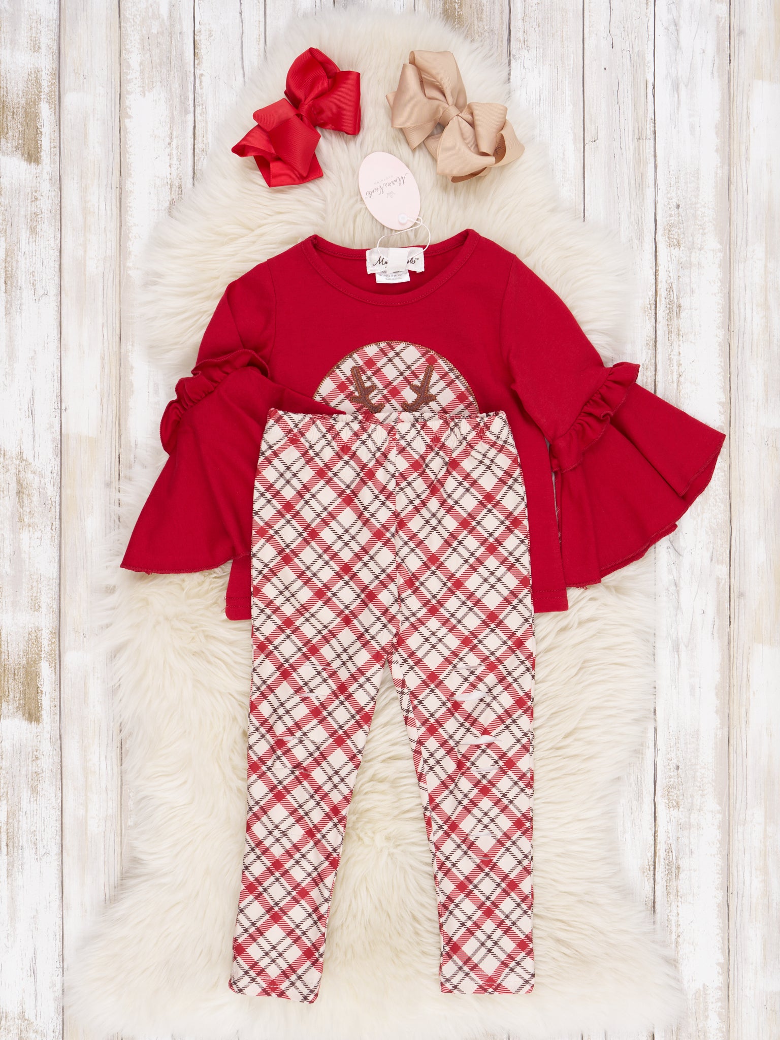 Red Plaid Reindeer Bell Sleeve Outfit - Marie Nicole Clothing