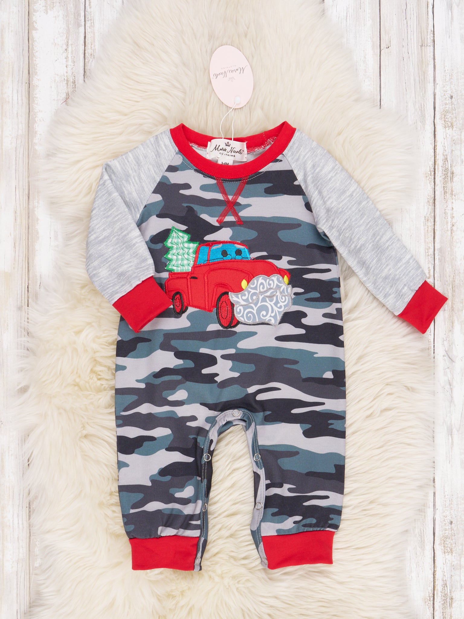 Camouflage Christmas Tree Truck Raglan Romper - Marie Nicole Clothing