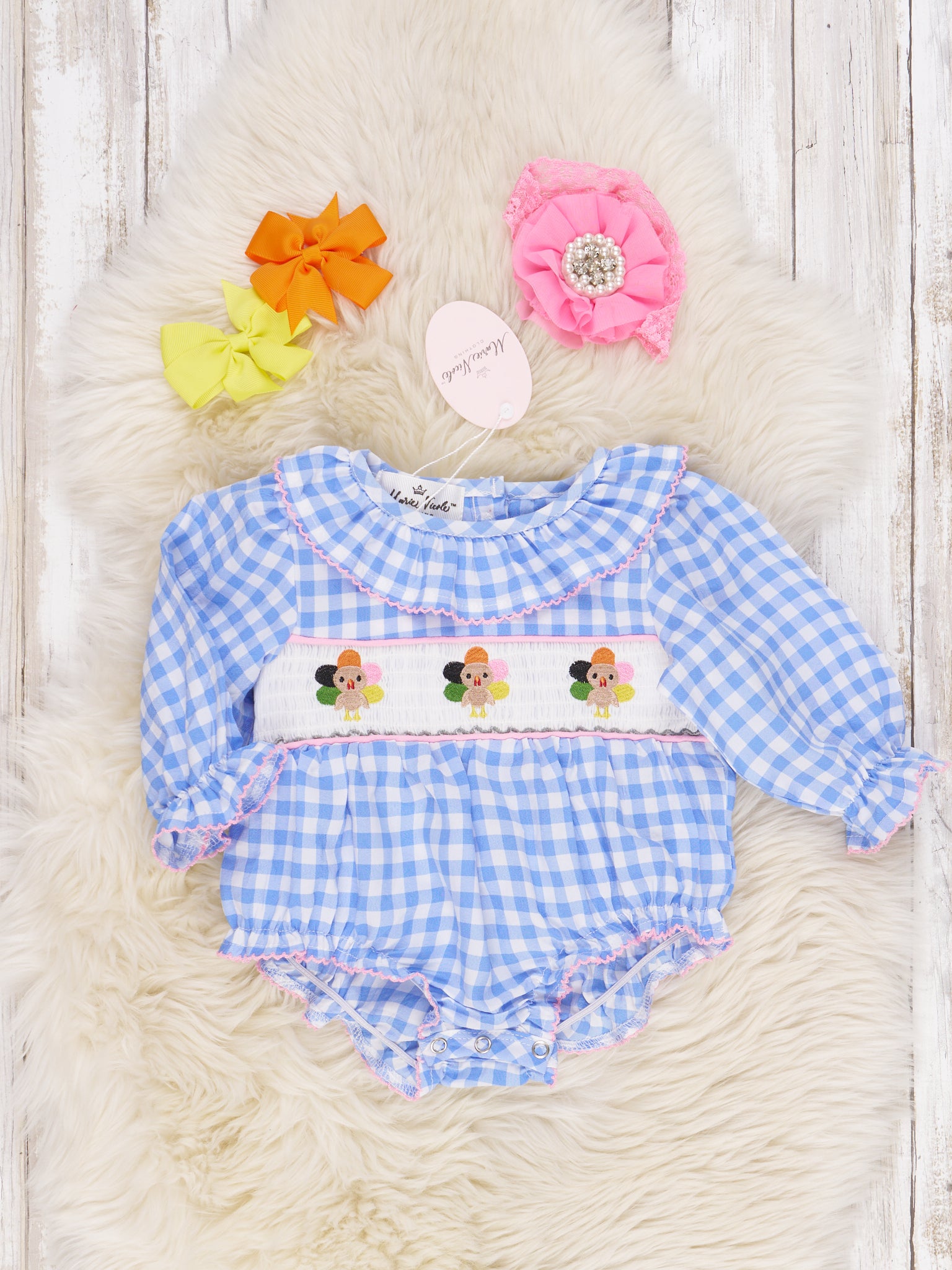 Blue Gingham Turkey Ruffle Romper - Marie Nicole Clothing