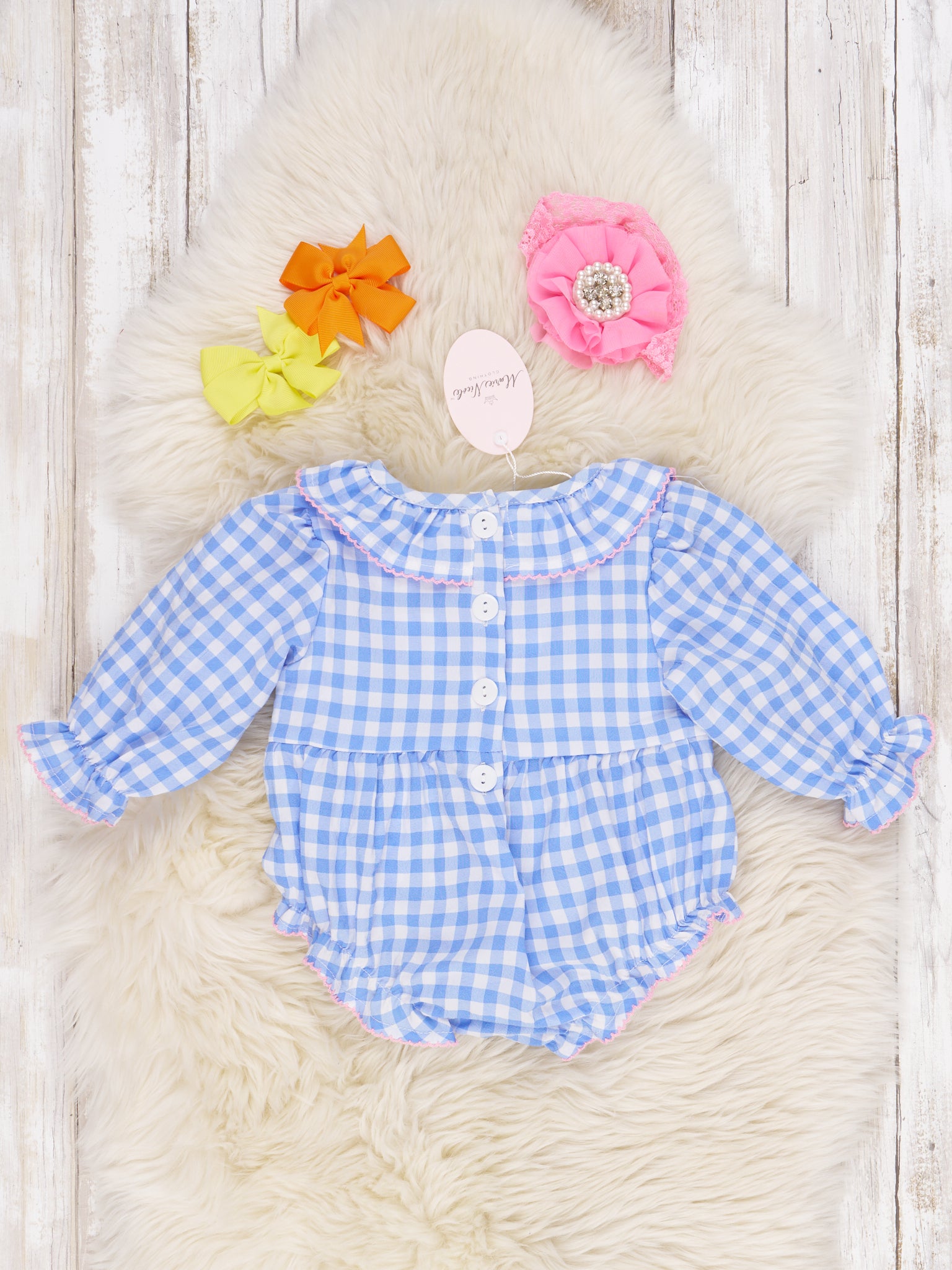 Blue Gingham Turkey Ruffle Romper - Marie Nicole Clothing