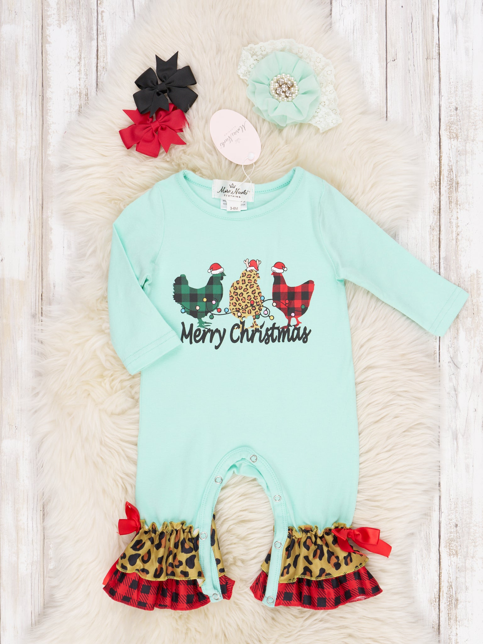 Leopard Chicken Christmas Ruffle Romper - Marie Nicole Clothing