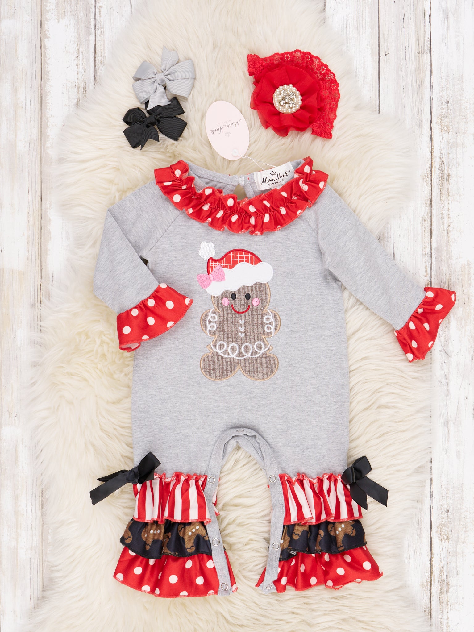 Polka Dot Gingerbread Ruffle Romper - Marie Nicole Clothing