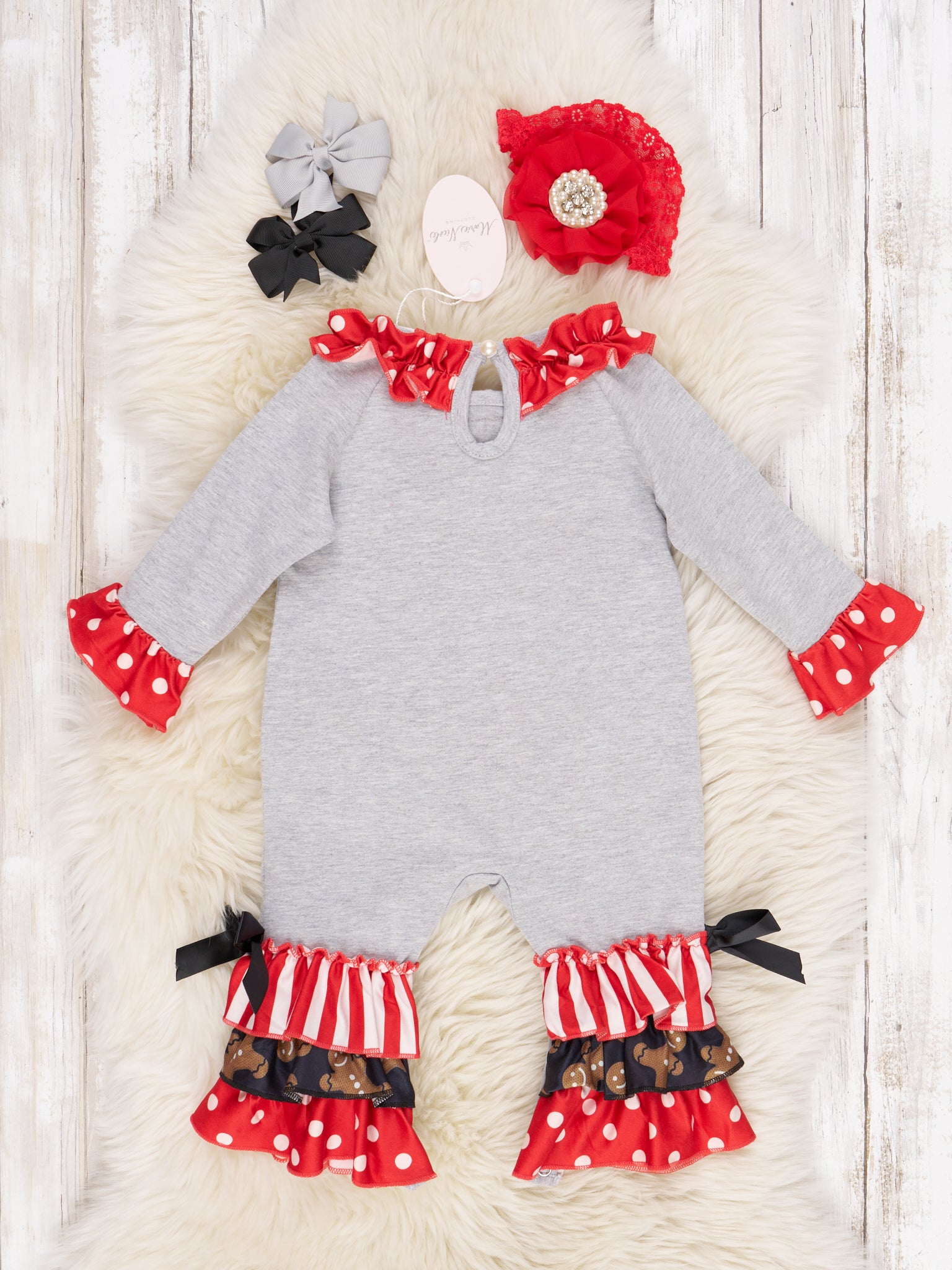 Polka Dot Gingerbread Ruffle Romper - Marie Nicole Clothing