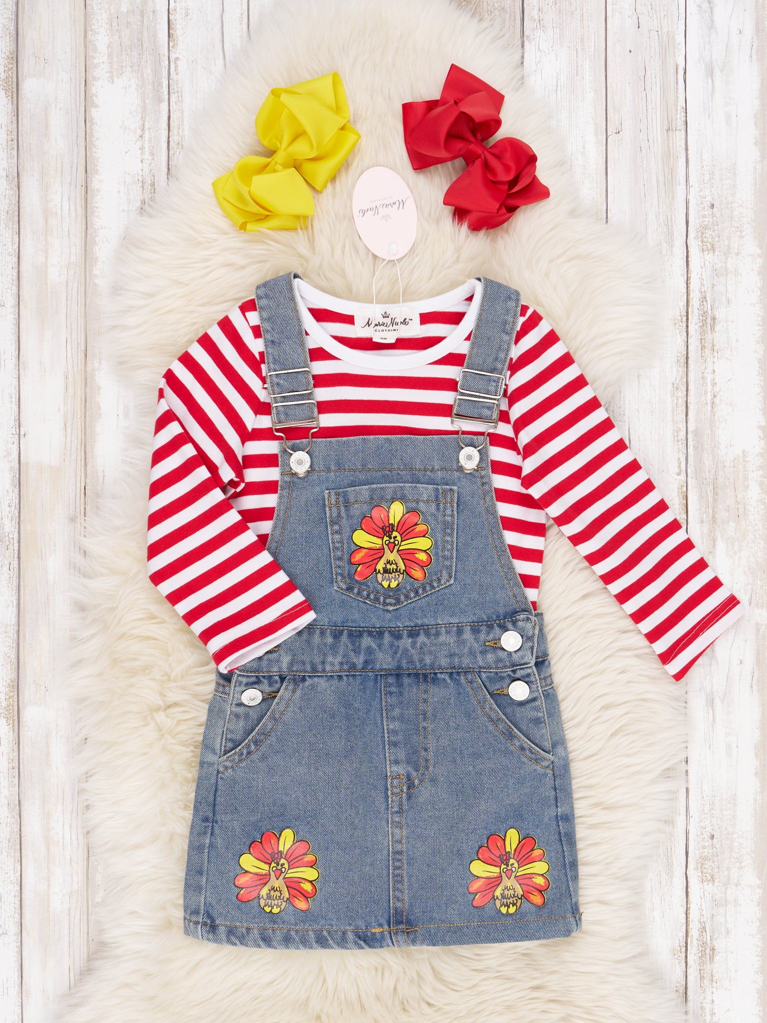 Red Striped Shirt & Denim Turkey Overall Dress - Marie Nicole Clothing