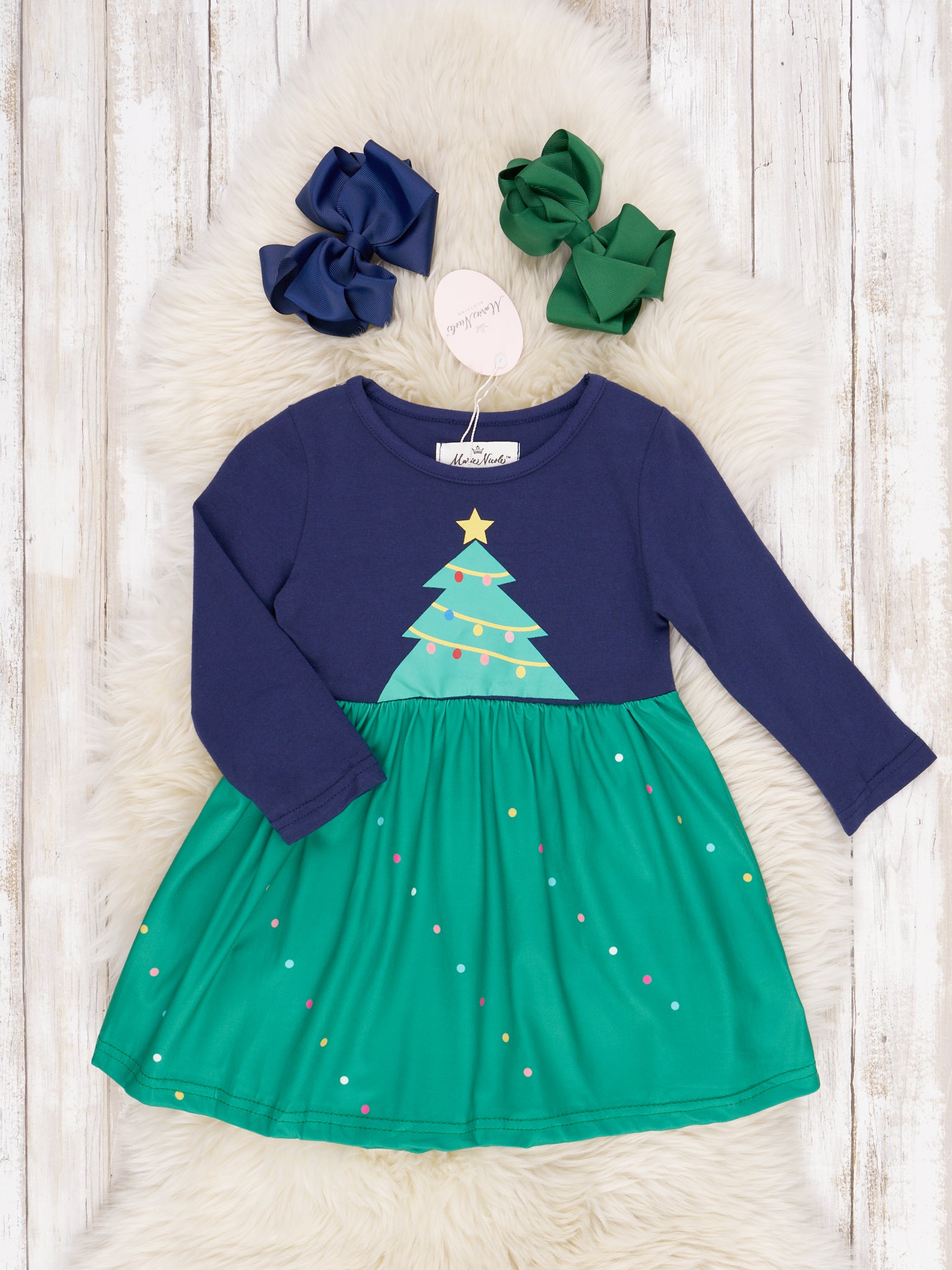 Navy & Green Christmas Tree Dress - Marie Nicole Clothing