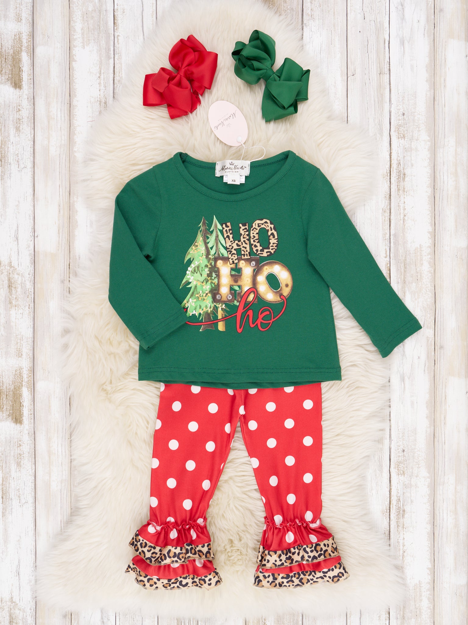 Green "HO HO HO" Ruffle Outfit - Marie Nicole Clothing