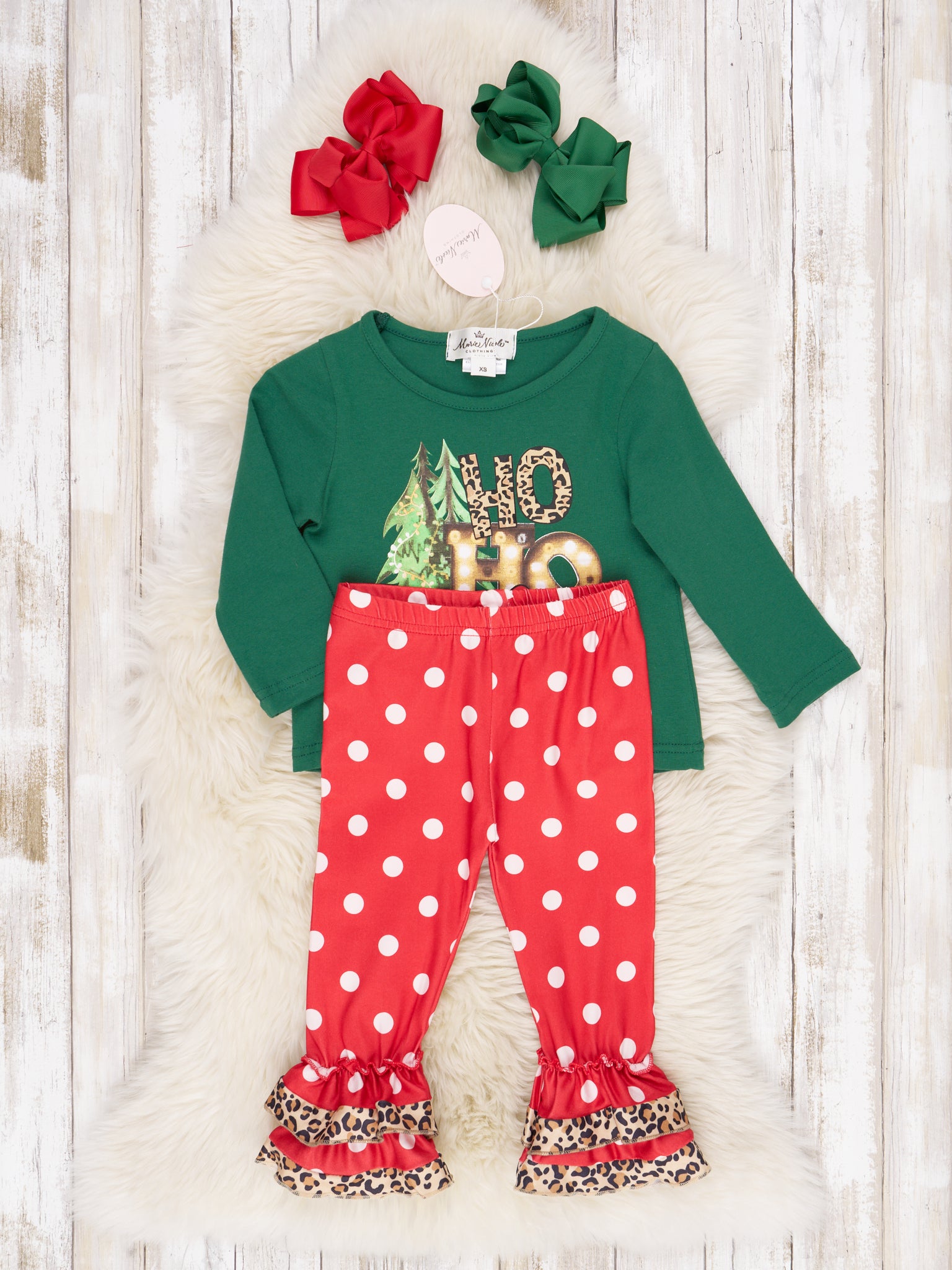 Green "HO HO HO" Ruffle Outfit - Marie Nicole Clothing