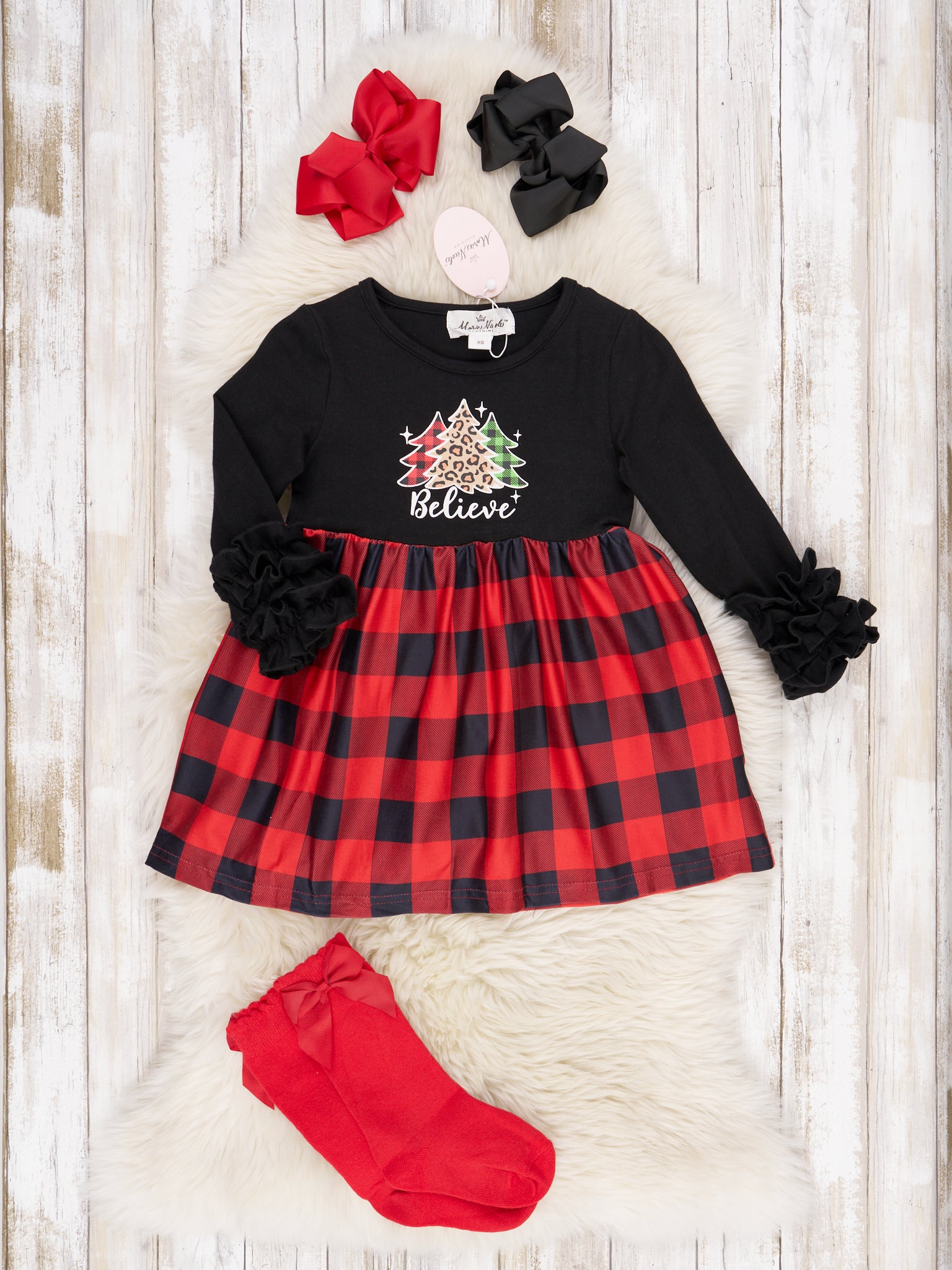 Buffalo Plaid "Believe" Ruffle Dress - Marie Nicole Clothing