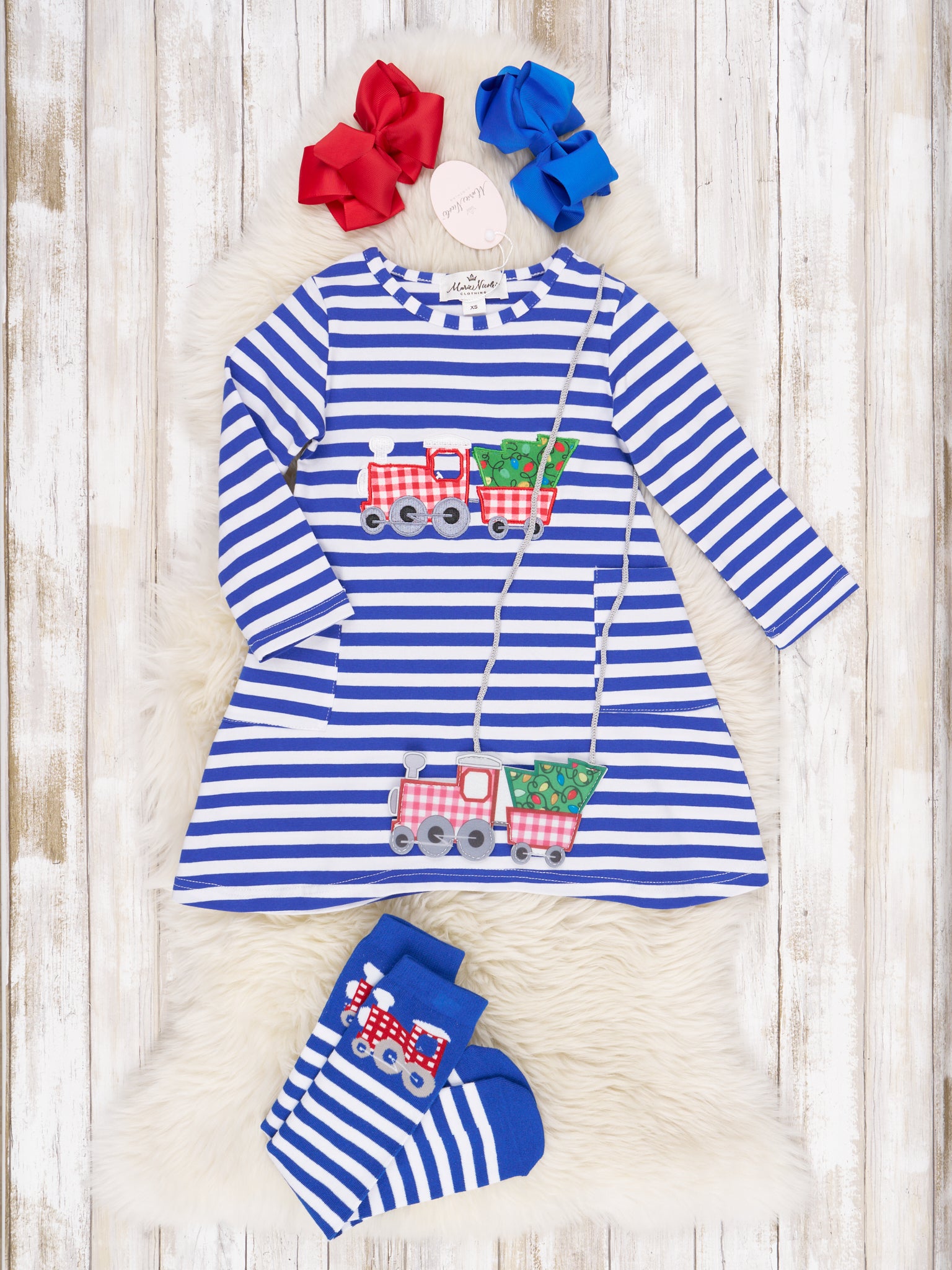 Blue Striped Christmas Tree Train Pocket Dress - Marie Nicole Clothing