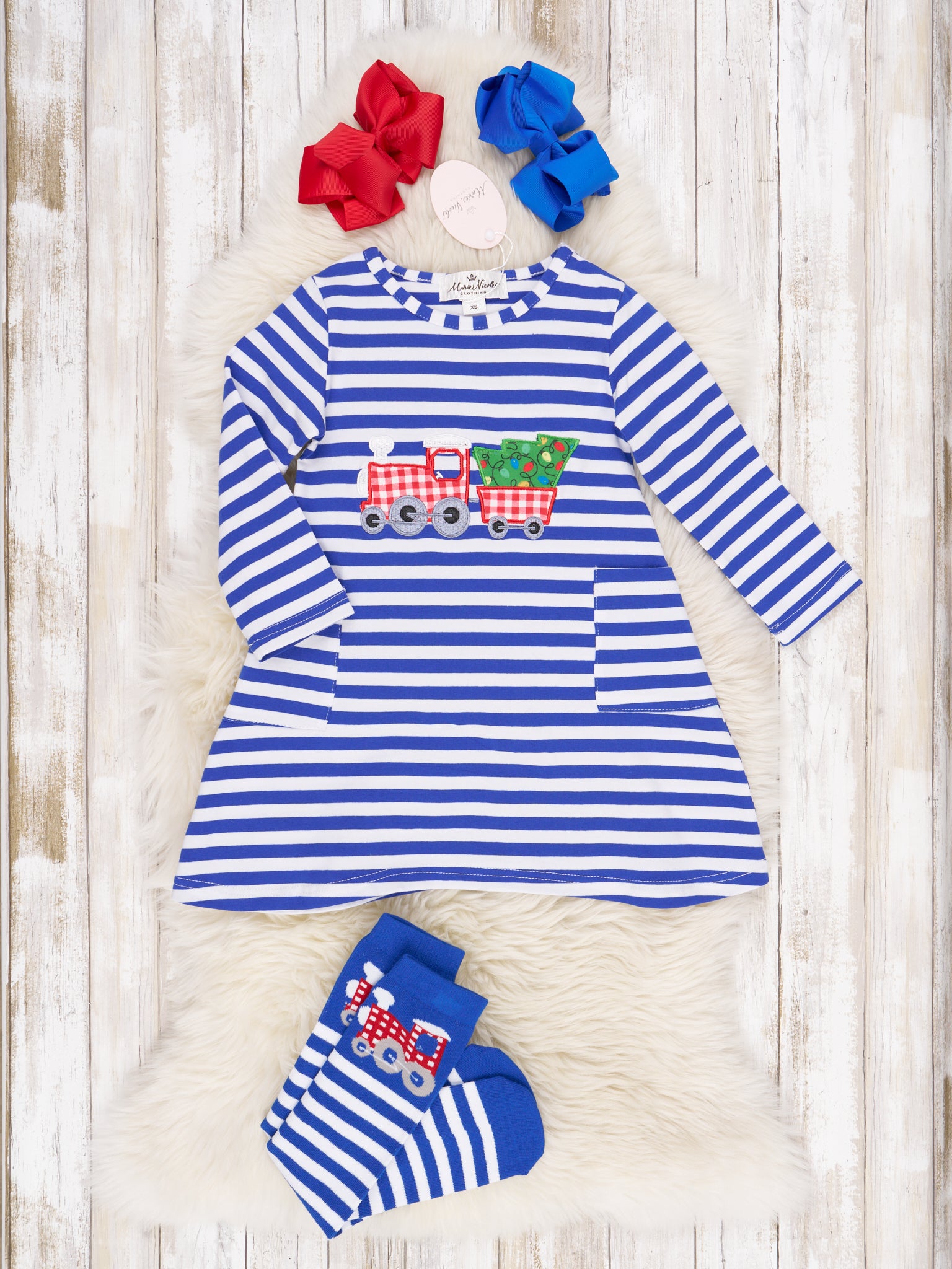 Blue Striped Christmas Tree Train Pocket Dress - Marie Nicole Clothing