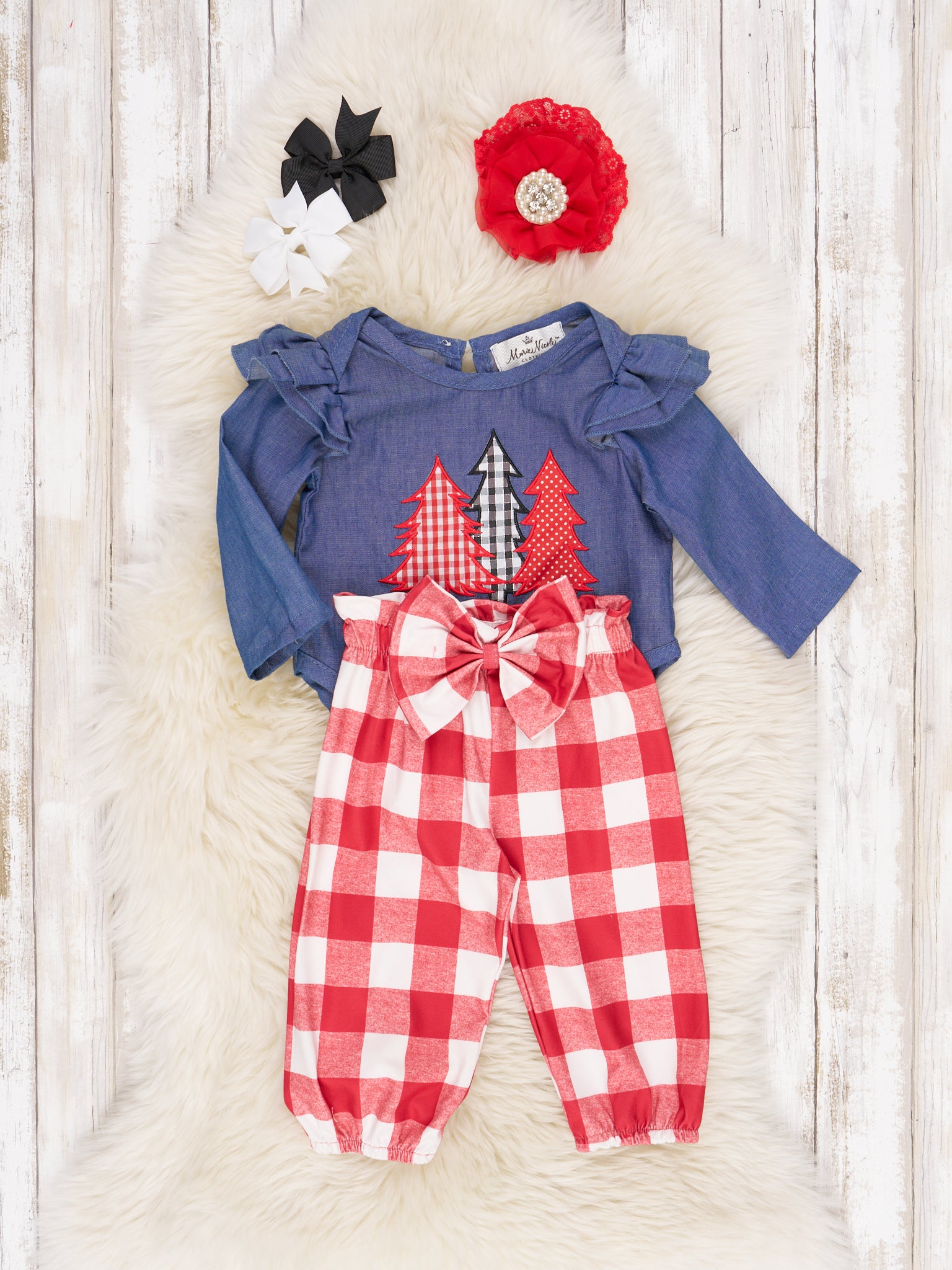 Red Gingham Chambray Christmas Tree Ruffle Onesie Outfit - Marie Nicole Clothing