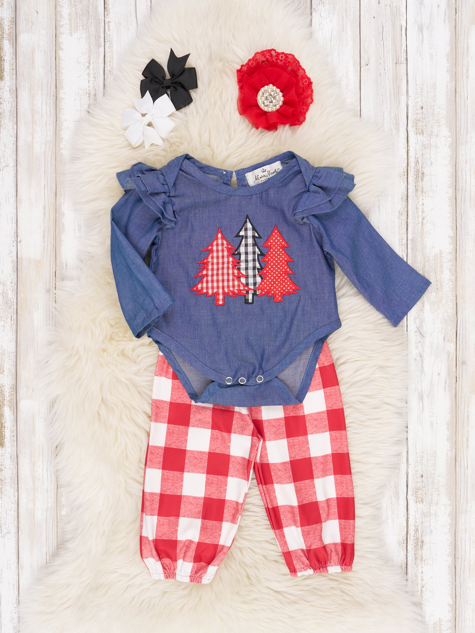 Red Gingham Chambray Christmas Tree Ruffle Onesie Outfit - Marie Nicole Clothing