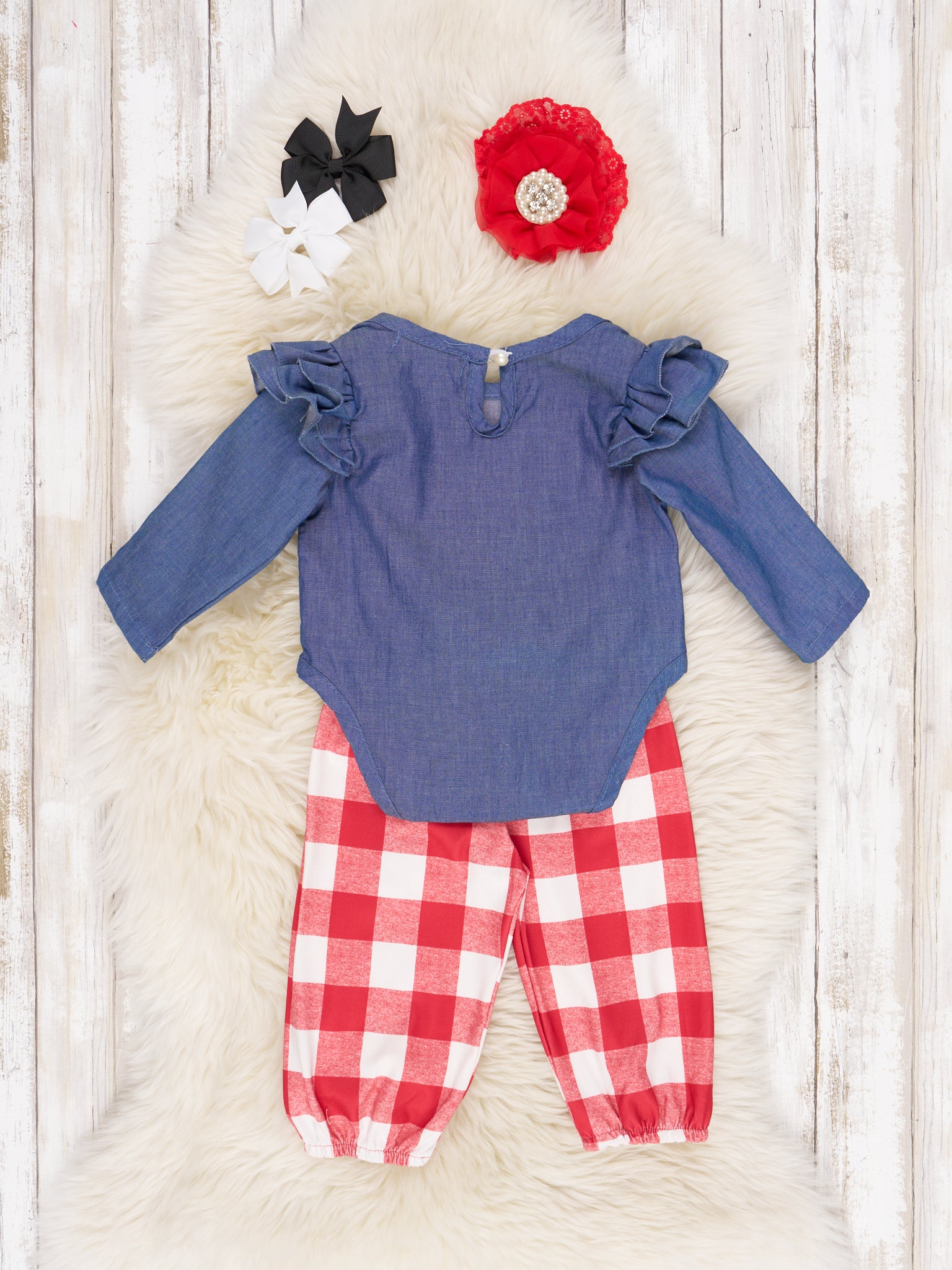 Red Gingham Chambray Christmas Tree Ruffle Onesie Outfit - Marie Nicole Clothing