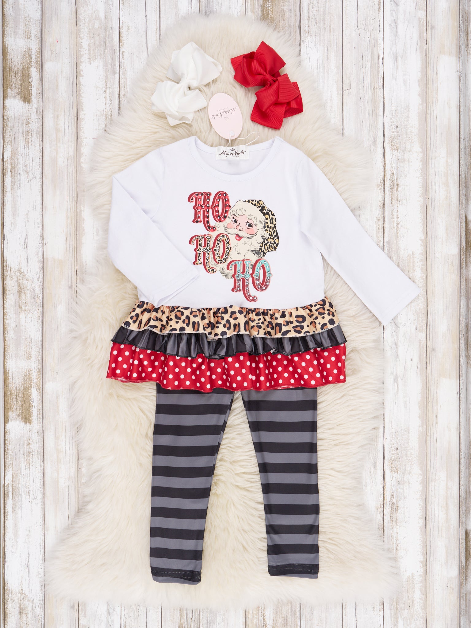 Leopard Santa "HO HO HO" Ruffle Outfit - Marie Nicole Clothing