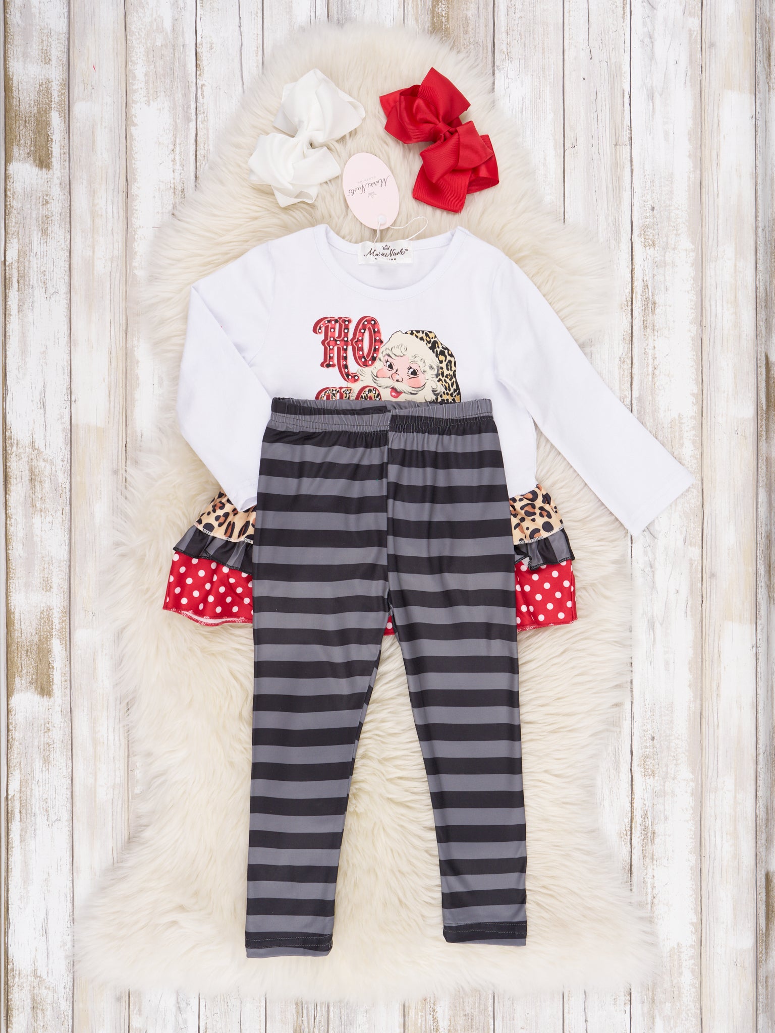 Leopard Santa "HO HO HO" Ruffle Outfit - Marie Nicole Clothing