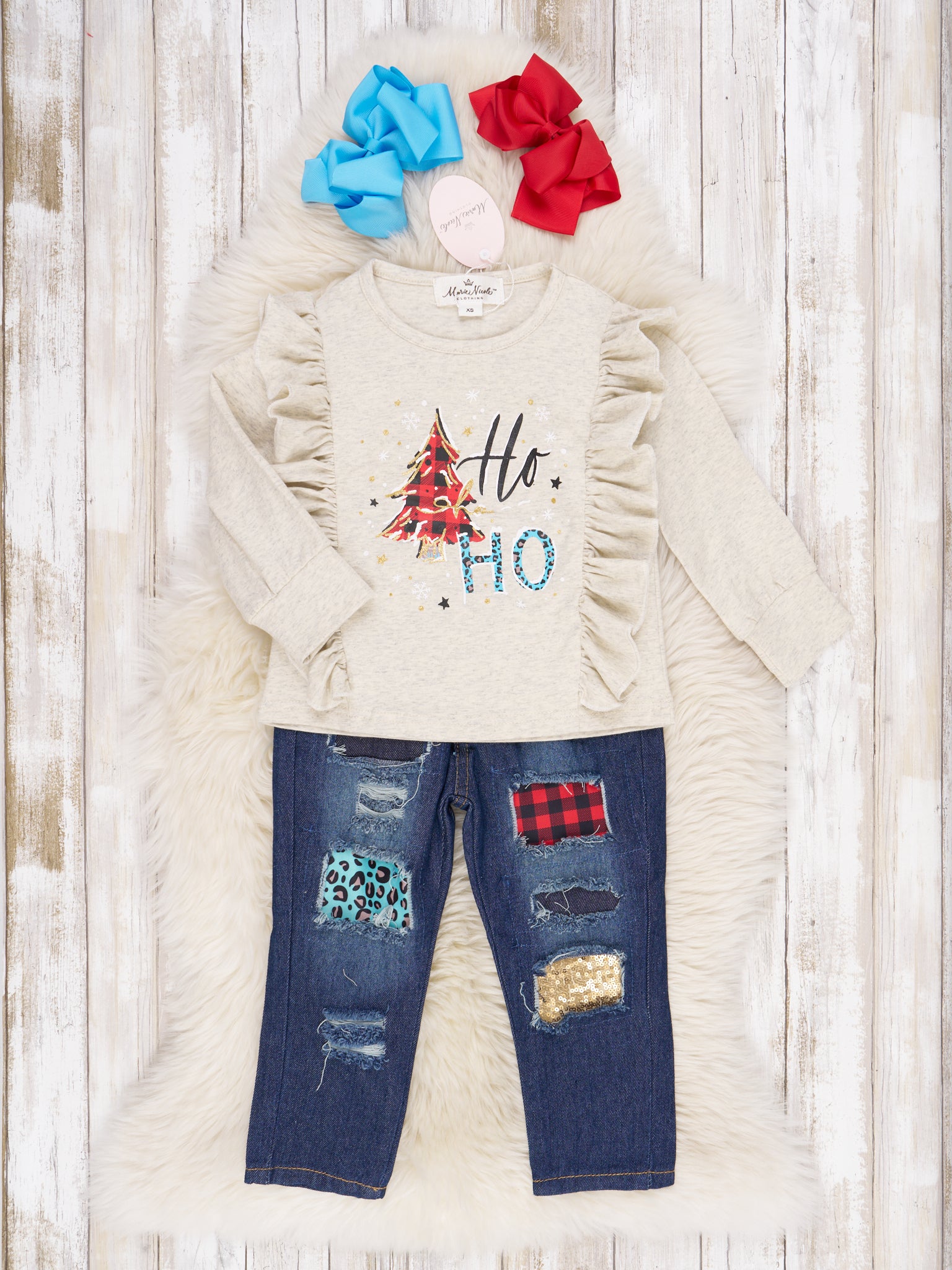 Cream Ho Ho Ho Distressed Denim Outfit - Marie Nicole Clothing