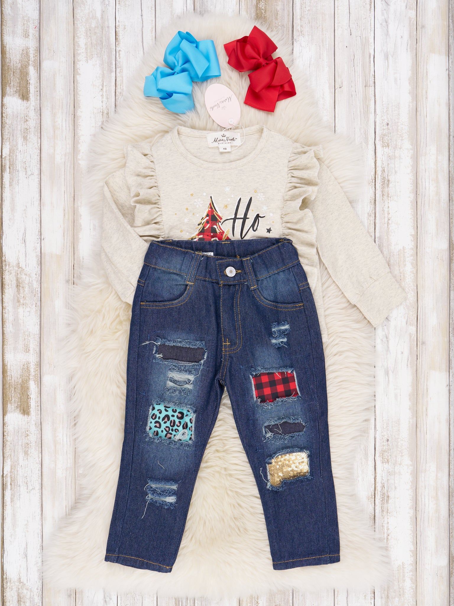 Cream Ho Ho Ho Distressed Denim Outfit - Marie Nicole Clothing