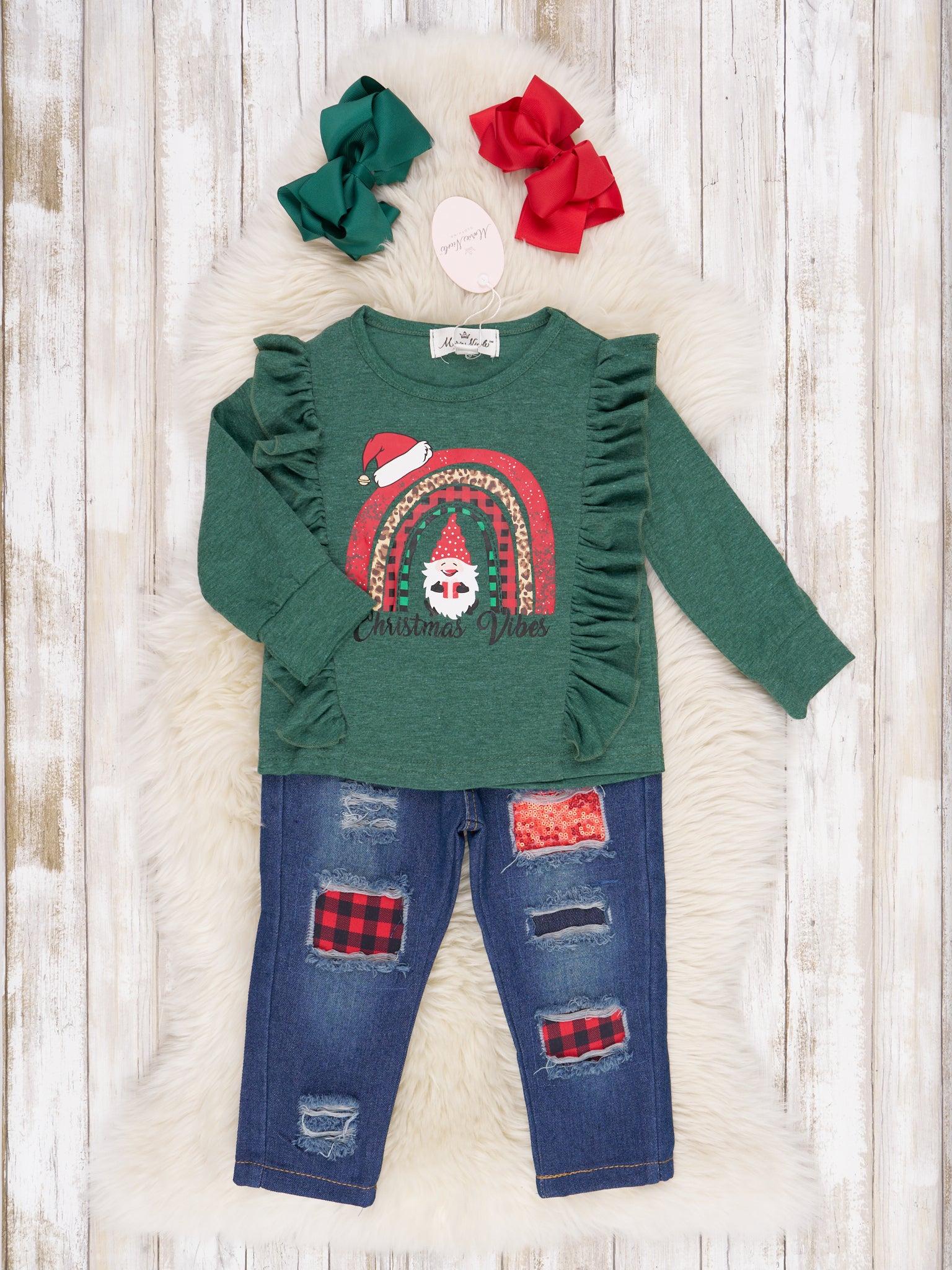 Buffalo Plaid Rainbow Ruffle Top & Distressed Denim Outfit - Marie Nicole Clothing
