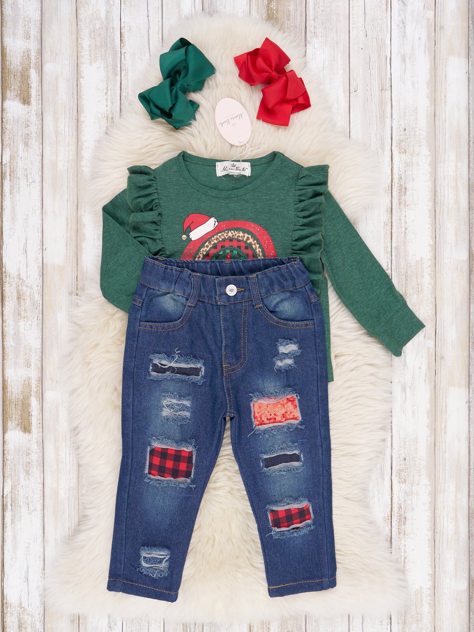 Buffalo Plaid Rainbow Ruffle Top & Distressed Denim Outfit - Marie Nicole Clothing