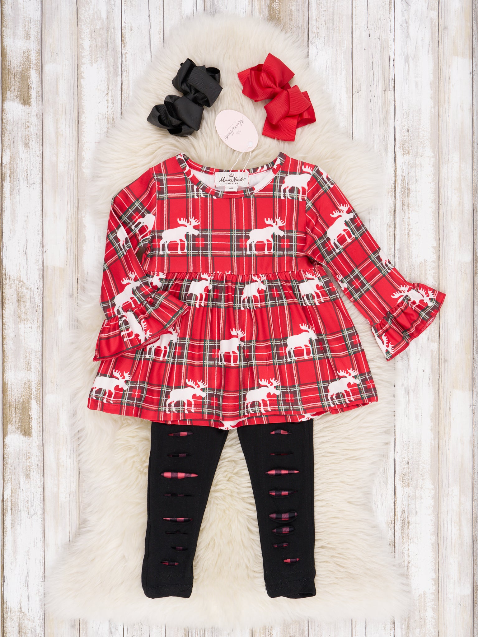 Plaid Moose Distressed Outfit - Marie Nicole Clothing